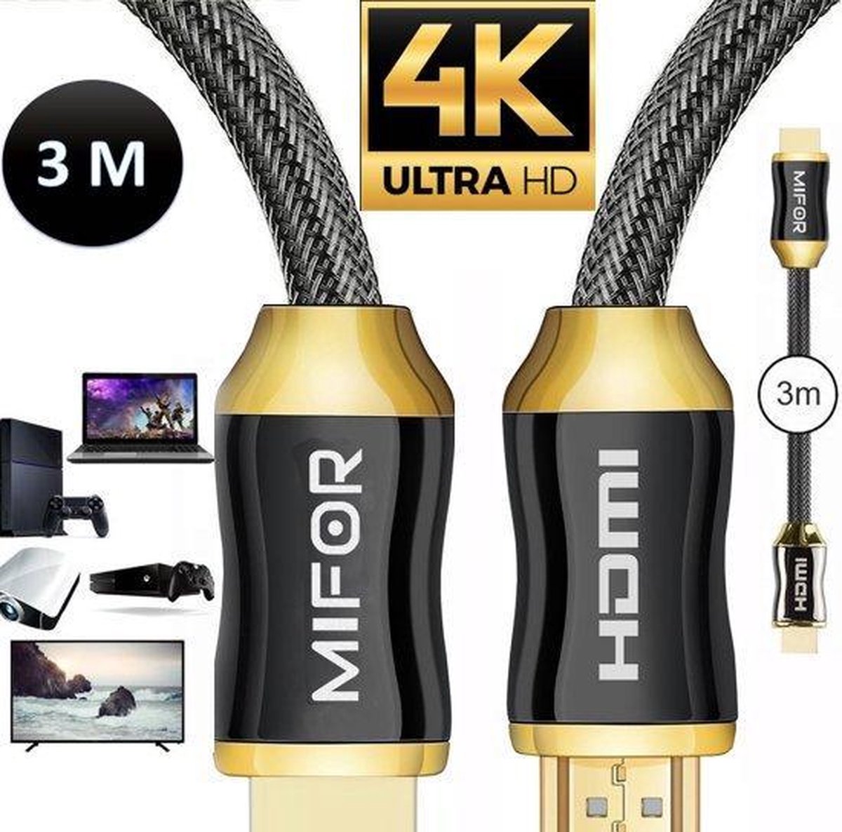 MIFOR® HDMI 3 METER Kabel 2.0 -Ultra HD 4K -24 KARAAT GOLD PLATED- 3 METER-USB kabel 2.0 -Tot 240 HZ -18 GBps-Vergulde Connectoren-High Speed -Full HD Beeldkwaliteit-Male to Male-USB aansluiting-Laptop-TV Kabel -Computer-Scherp beeld-Kantoor en Thuis