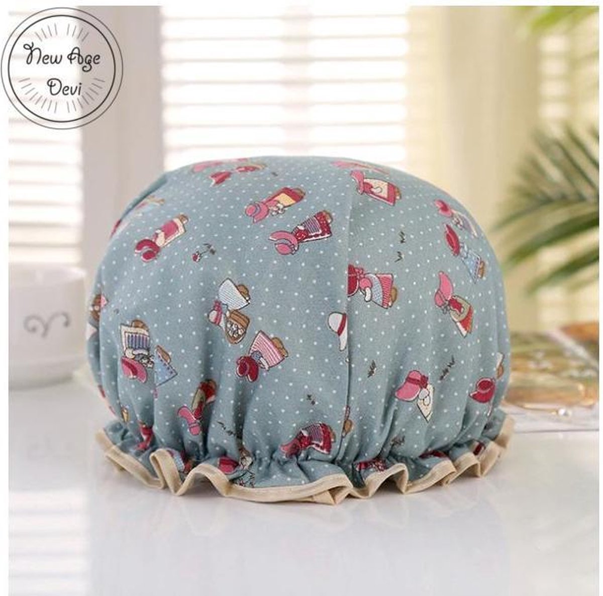 New Age Devi - Dikke 1 Stuks Douche muts - Shower Cap - Blauw met Poppetjes  - Waterdicht - BadMuts - Dubbele Laag - Haar Cover - Haar Bedekking - Vrouwen DoucheCap - Badkamer Accesoire