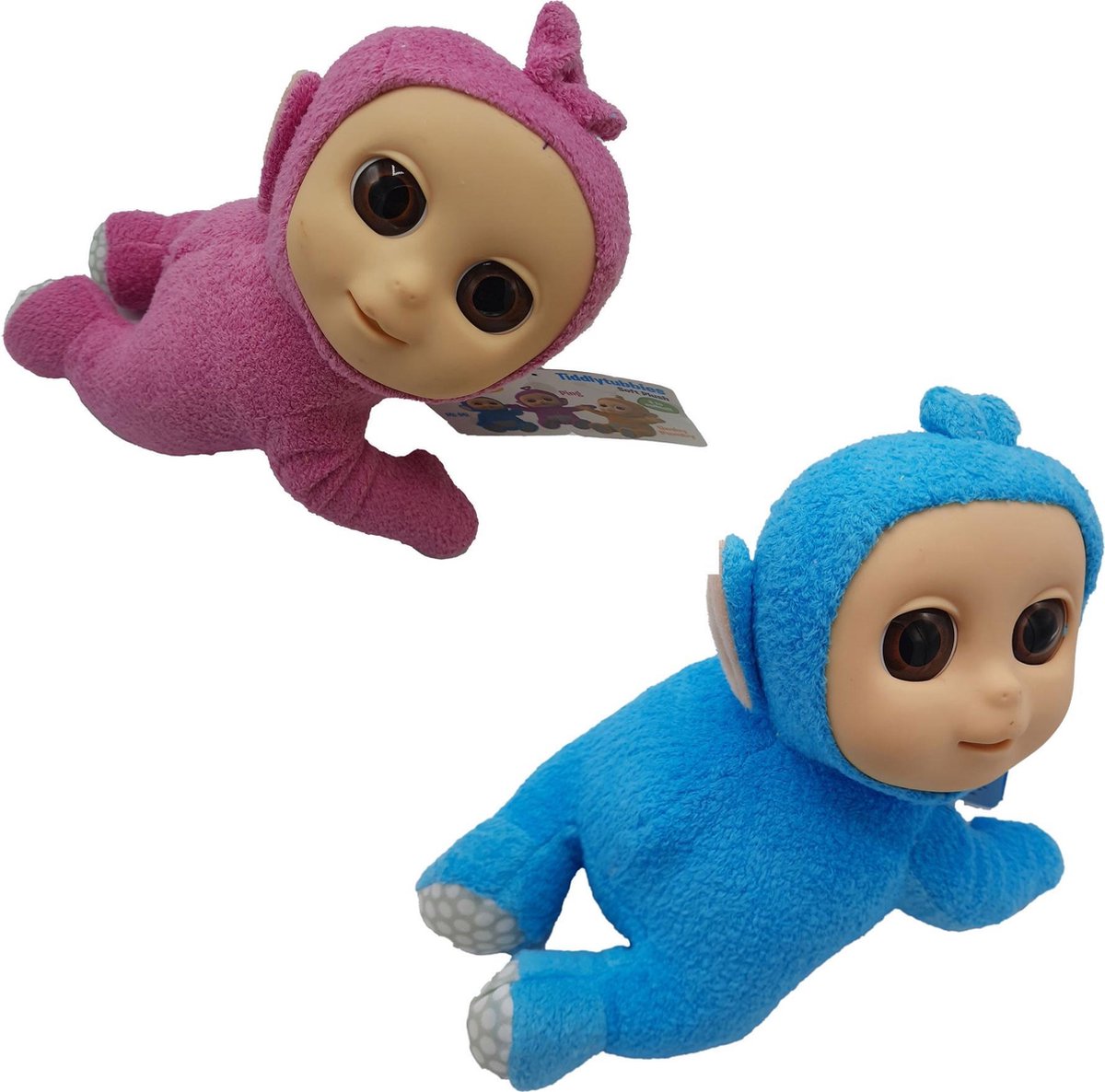 Teletubbies Knuffel Voordeelset - Mi-Mi (blauw) en Ping (roze) in kruipende houding) - 24 cm
