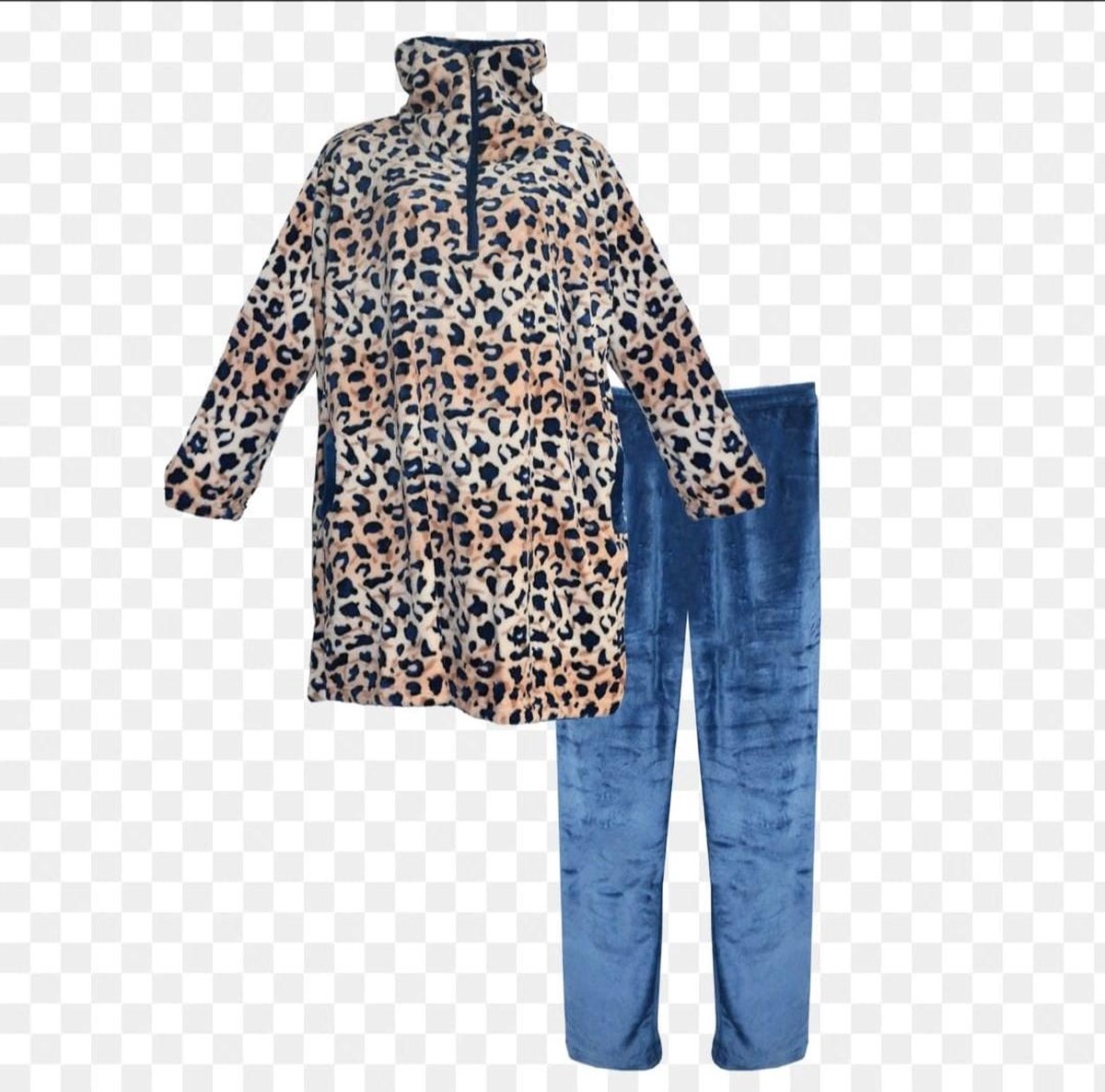Dames fleece huispak met zakken en ritsje met capuchon L  blauw/bruin