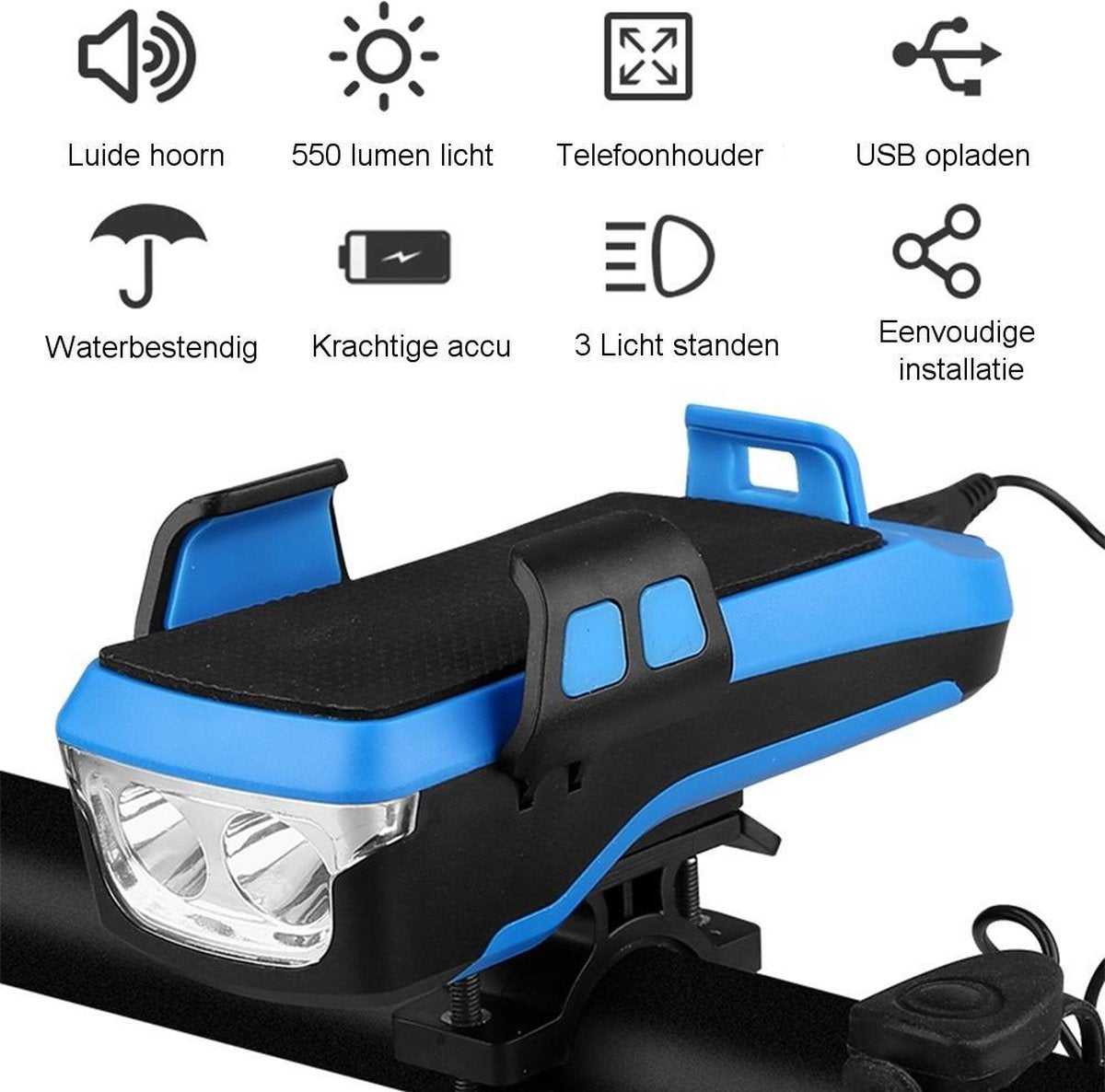 Activ24™ - Fietslamp set 4 in 1 blauw - Telefoonhouder fiets - USB oplaadbaar - Inclusief handige Activ24 LED zaklamp - Powerbank - Oplaadbare fietsverlichting  - Geen verzendkosten