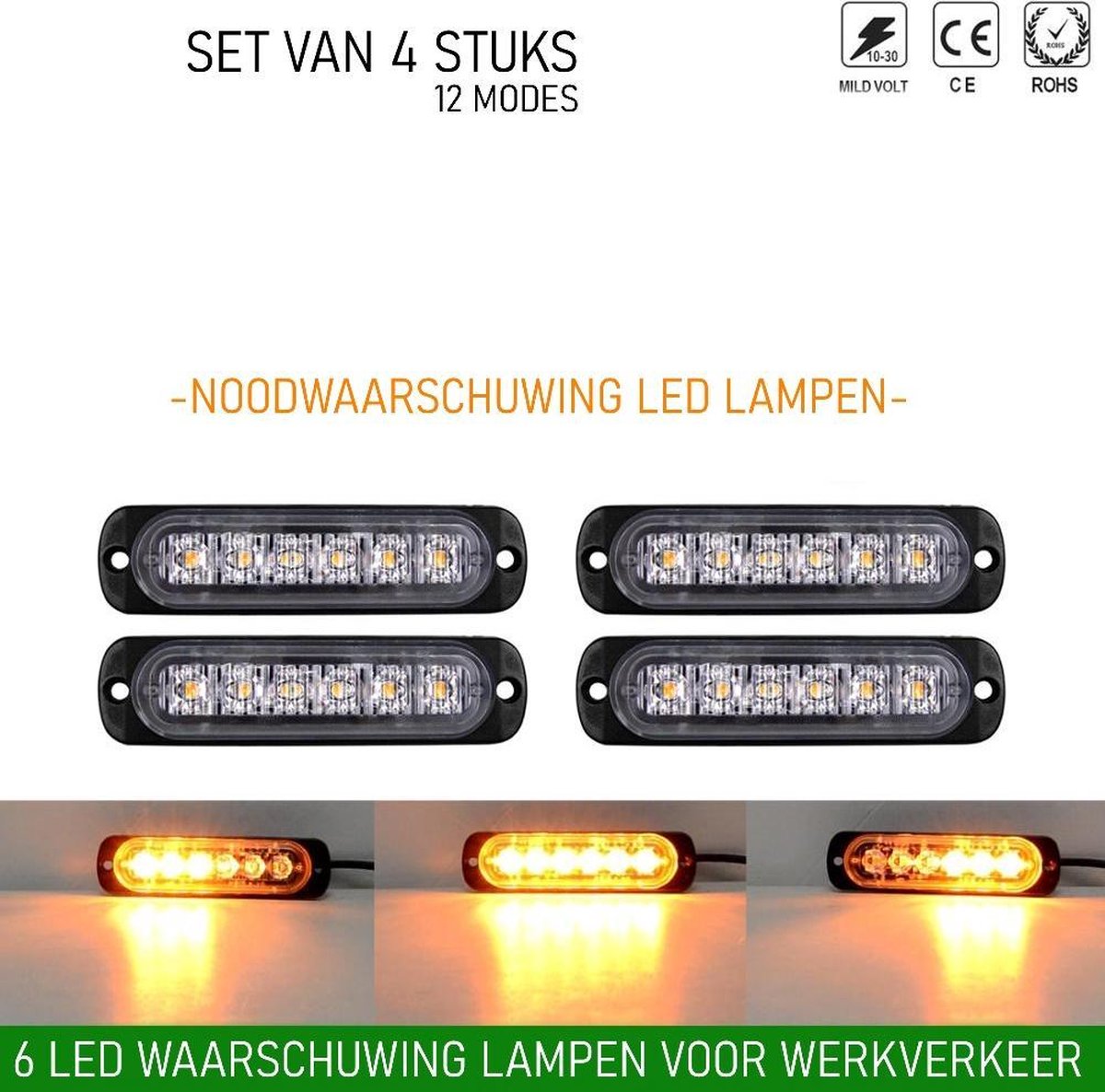 4 stuks Waarschuwingslamp - 12V / 24V LED - 18W - 2000K - Noodverlichting - Werkverkeer - 6 LED - 18 Modes - Flitspatronen - AMBER - Oranje - Knipperlampen - Waarschuwingslampen - Knipper - Gevaar - Noodverlichting -