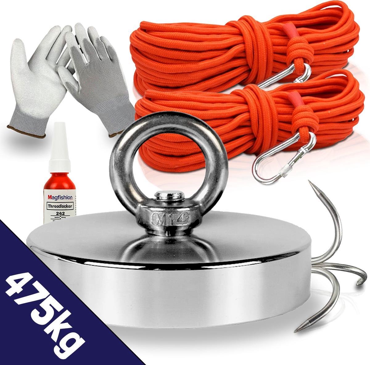 Magfishion® Vismagneet MEGA Set - 475 KG - Magneetvissen - 2x Touw + Karabijnhaak met Schroefsluiting - Dreghaak - Handschoenen - Borgmiddel - Magneet Vissen - Outdoor