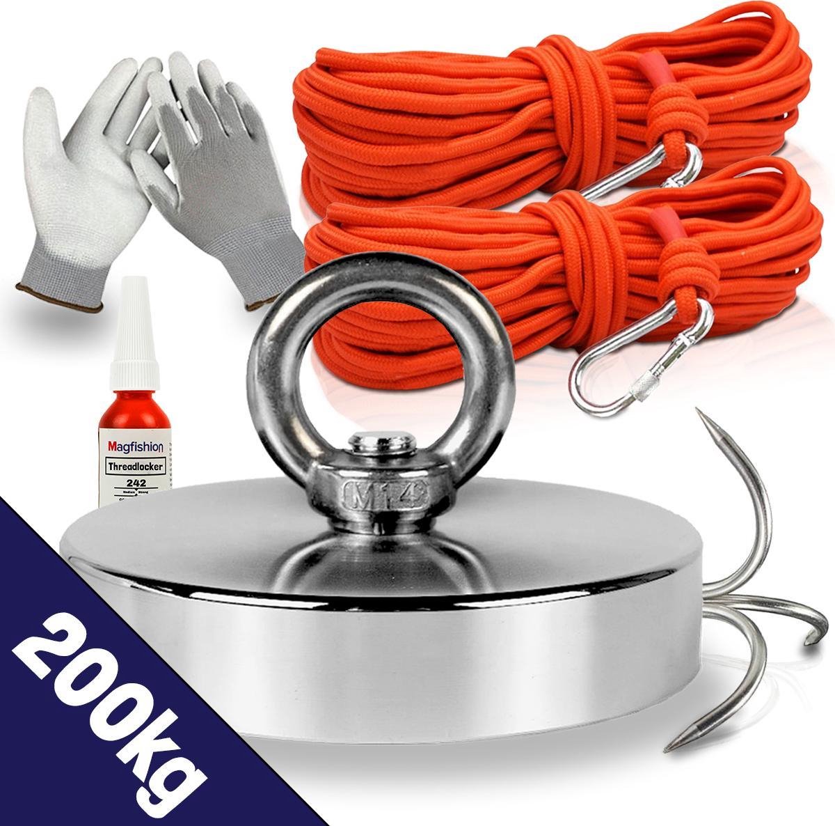 Magfishion® Vismagneet MEGA Set - 200 KG - Magneetvissen - 2x Touw + Karabijnhaak met Schroefsluiting - Dreghaak - Handschoenen - Borgmiddel - Magneet Vissen - Outdoor