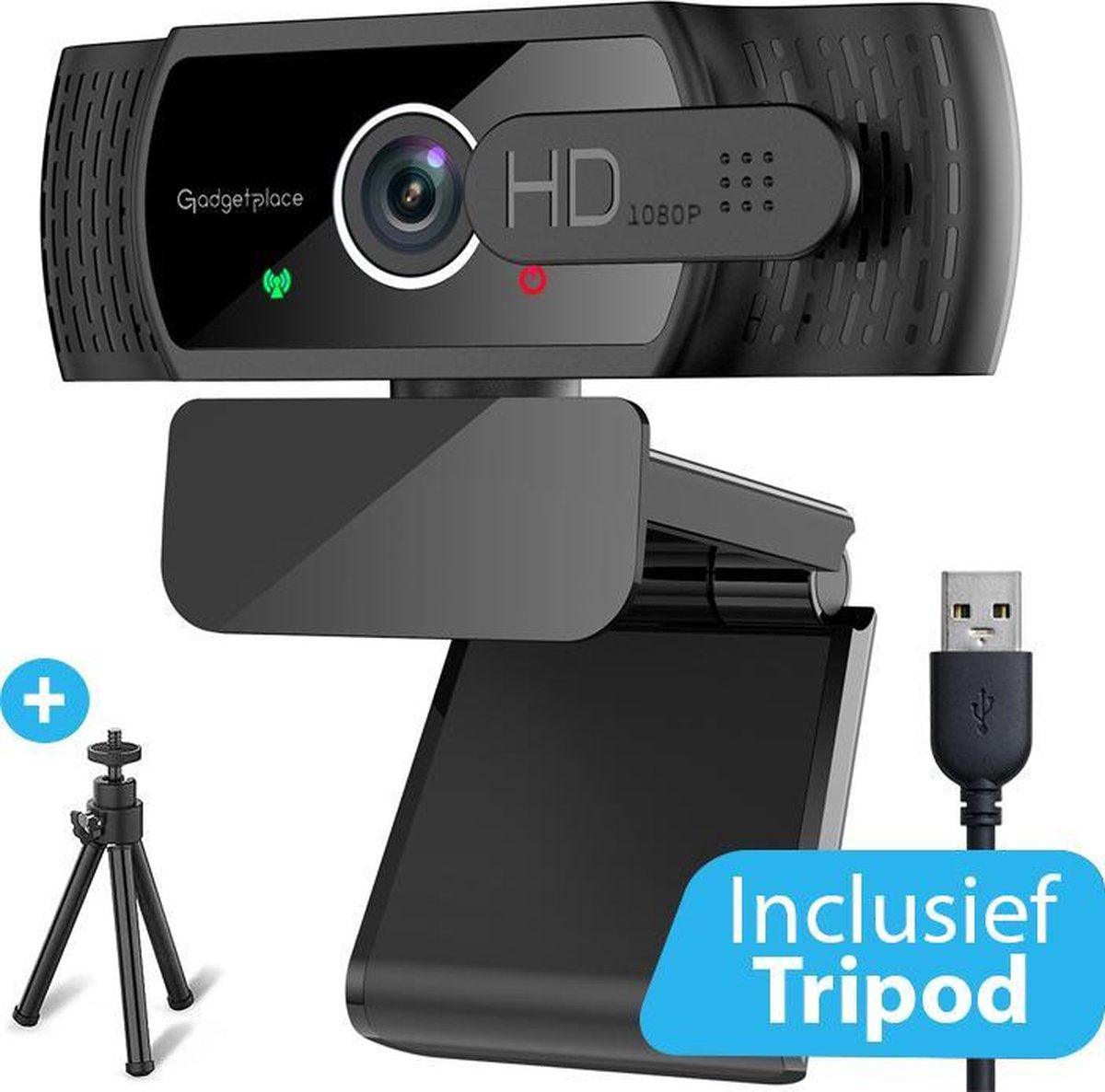 Gadgetplace Full HD Pro Webcam  met Ruisvrije Microfoon - Incl. Tripod en ingebouwde Webcam Cover - 1080P - Voor Laptop en PC - Windows en Mac