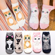 Sokken dames 5 paar - Maat 35-39 - print kat - roze / wit / grijs / bruin / beige