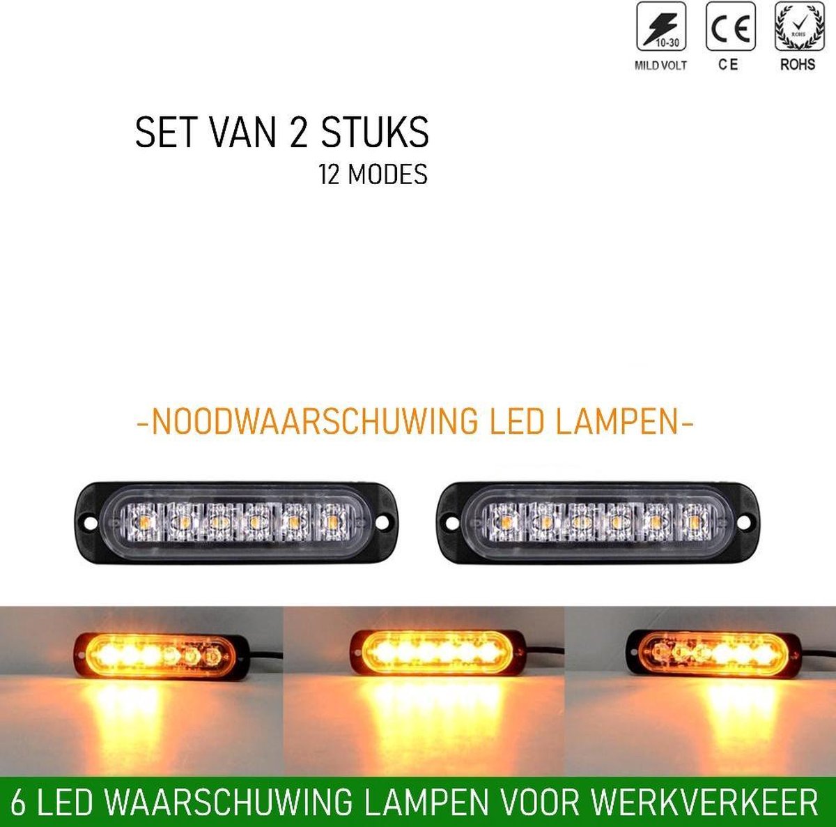 2 stuks Waarschuwingslamp - 12V / 24V LED - 18W - 2000K - Noodverlichting - Werkverkeer - 6 LED - 18 Modes - Flitspatronen - AMBER - Oranje - Knipperlampen - Waarschuwingslampen - Knipper - Gevaar - Noodverlichting -