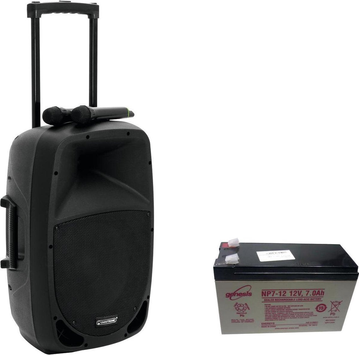 OMNITRONIC mobiele geluidsinstallatie - geluidset  MES-12BT2 + op accu met twee micrfoons - bluetooth - usb en sd card