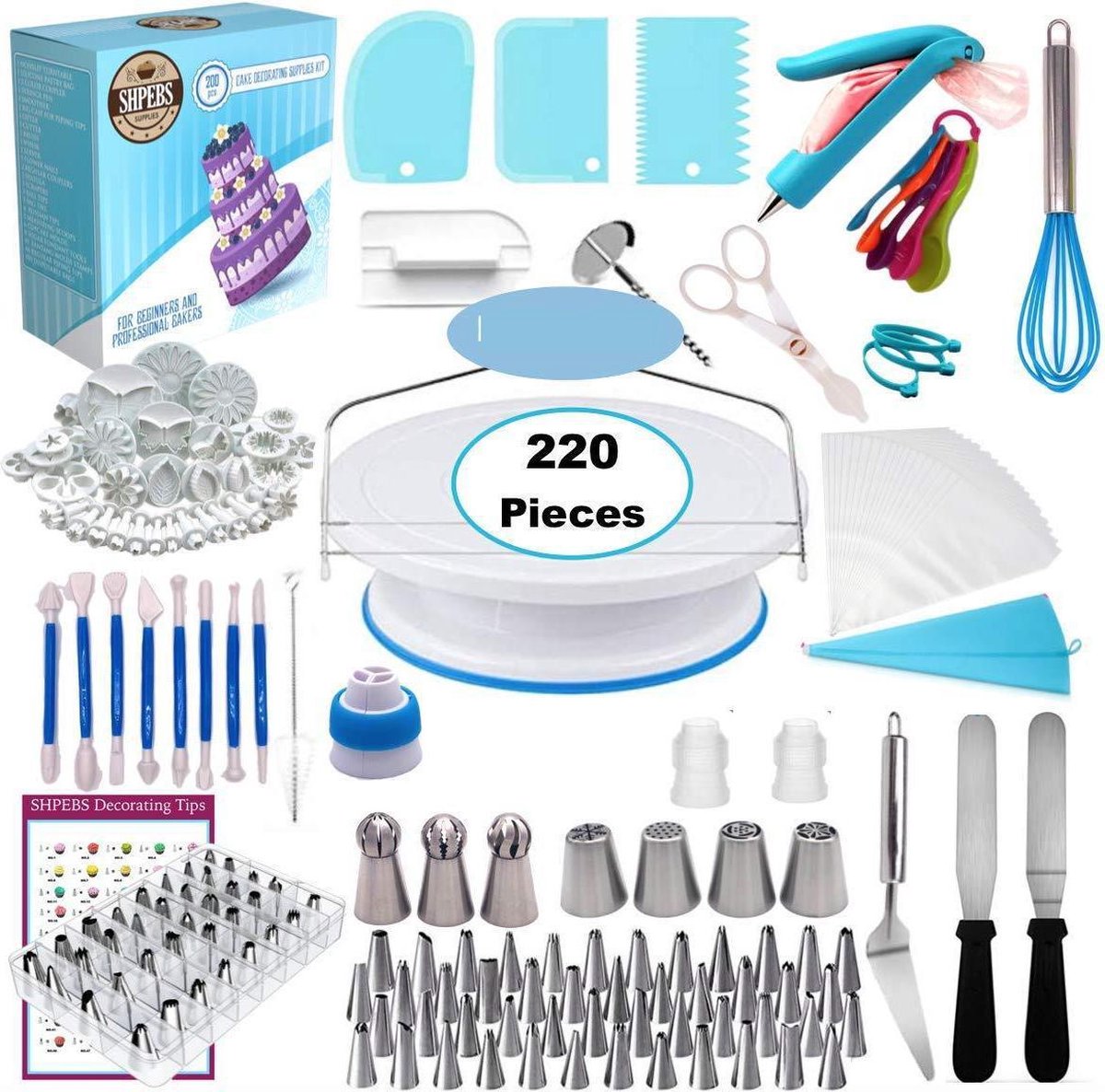 Winkrs - Taart decoratie set met taartplateau - 220-delig - Cake bakgerei