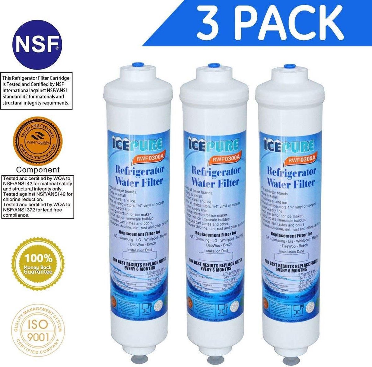 3X Icepure RWF0300A Koelkast Waterfilter Vervangingspatroon Samsung (EF9603/WSF100/DA29-10105J) - LG (BL9808/3890JC2990A/5231ja2010B) - General Electric (GXRTQR) - Wpro Usc100