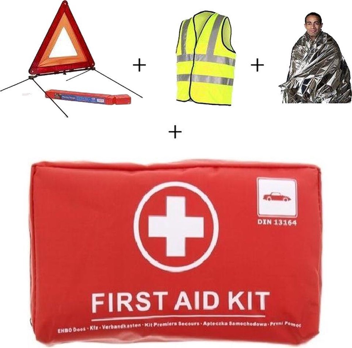 Auto 3-delige Veiligheid Set + 41-Delige EHBO Verband Set