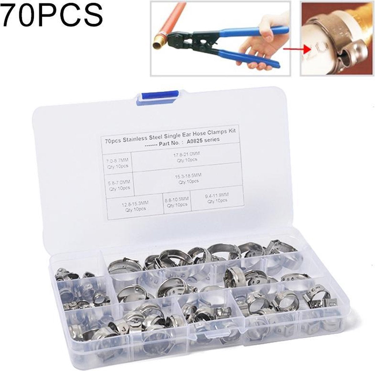 70 stuks verstelbare single ear plus roestvrij staal hydraulische slangklemmen O-clips pijp brandstof lucht