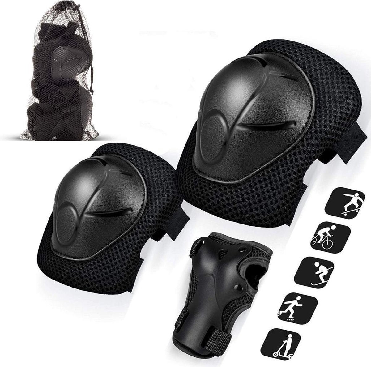 Skate Beschermset (Inclusief Opbergnet) - Kniebeschermers - Skatebeschermers - Kinderen - Zwart – S