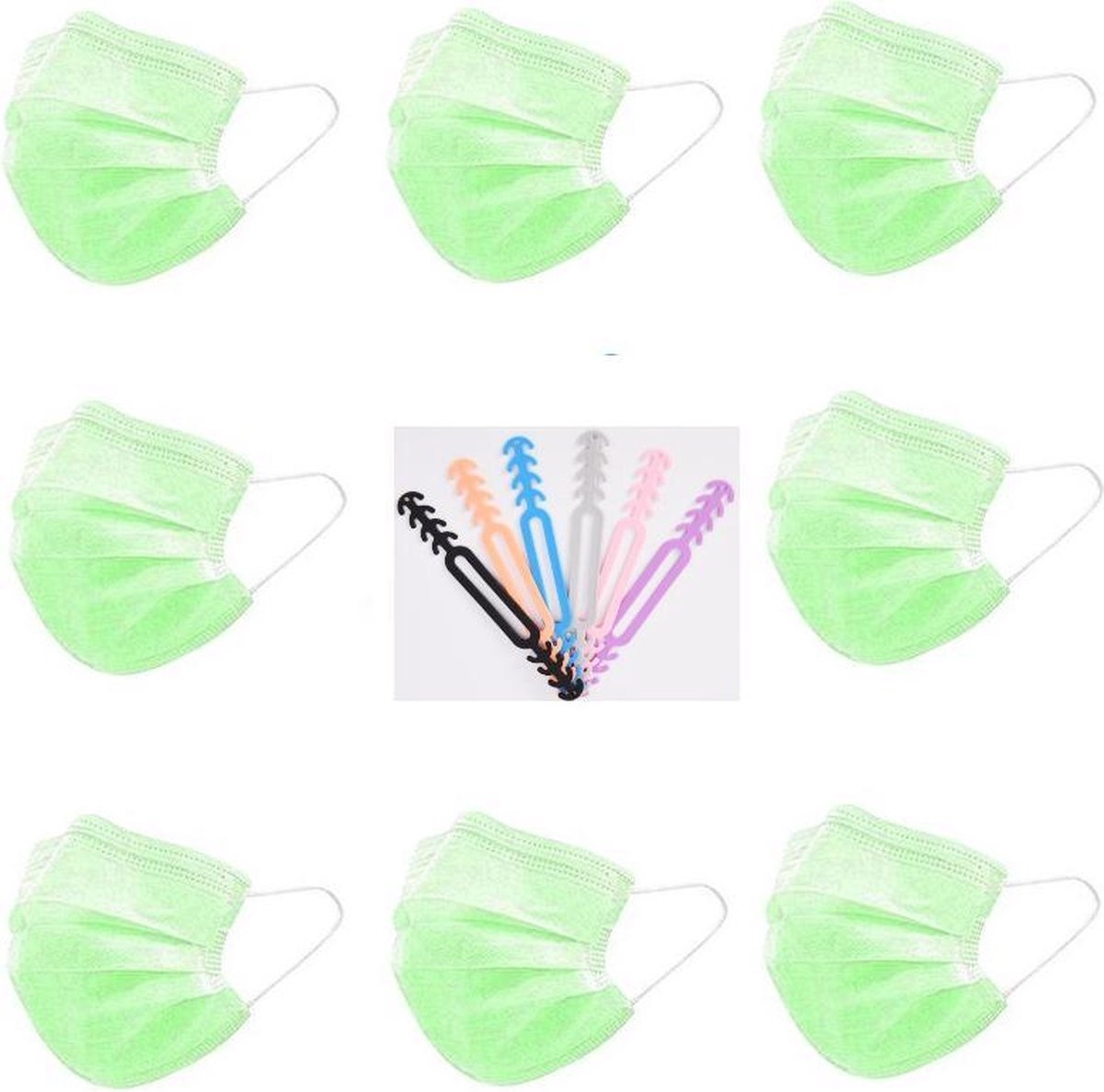 Groene Wegwerp Mondmaskers | 100 Gekleurde Mondkapjes | Met 6 Earsavers Mixed Kleuren | 3 Laags | Hoogste Kwaliteitsgarantie