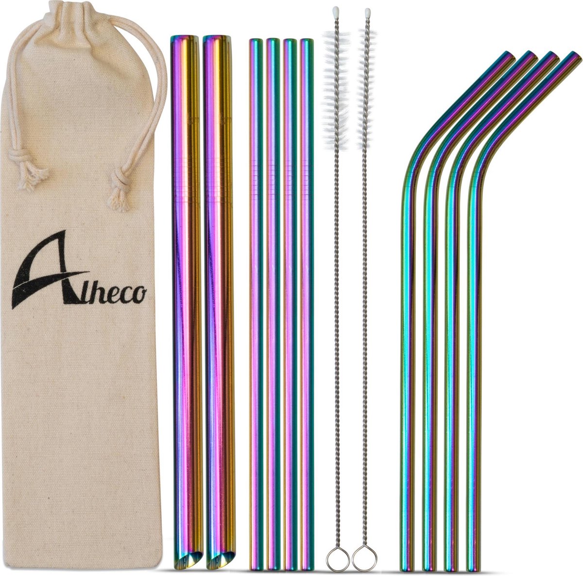 Herbruikbare metalen rietjes – 13-delige set – RVS smoothie & cocktail rietjes - Regenboog