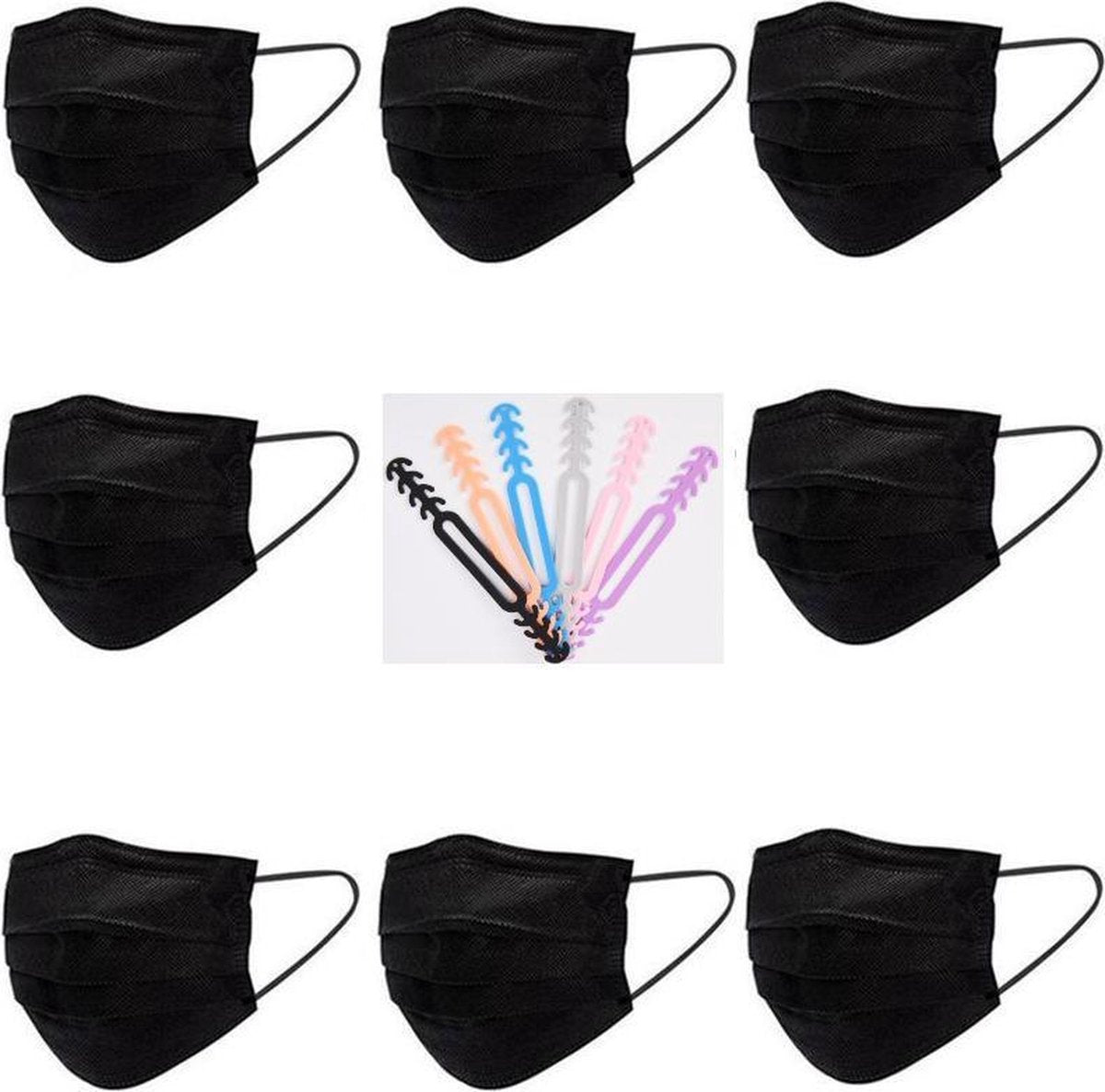 Zwarte Wegwerp Mondmaskers | 100 Gekleurde Mondkapjes | Met 6 Earsavers Mixed Kleuren | 3 Laags | Hoogste Kwaliteitsgarantie