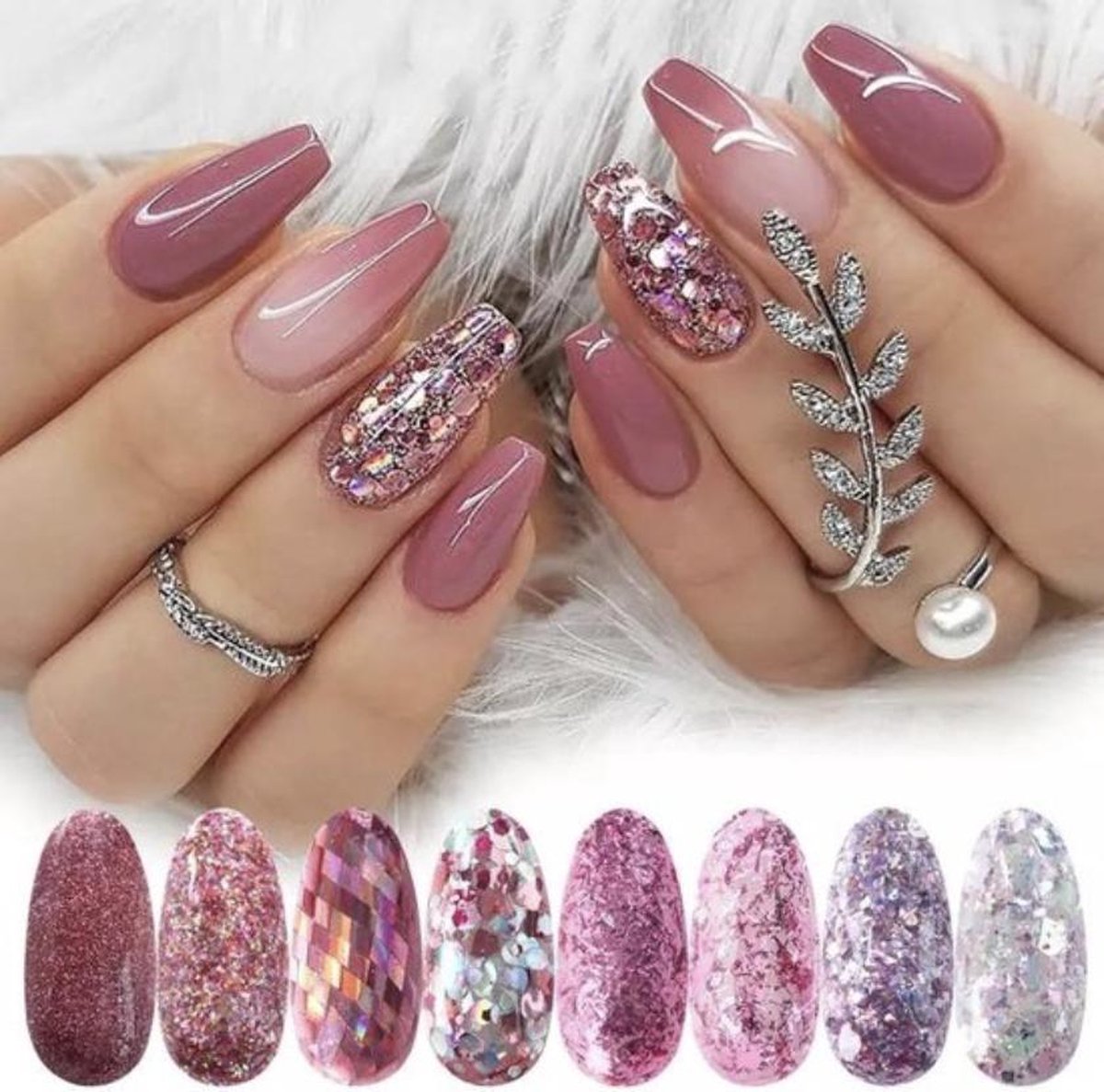 GUAPÀ -  Nagel Glitter Poeder Nail Art Set Rosé / Zilver - 8 Stuks