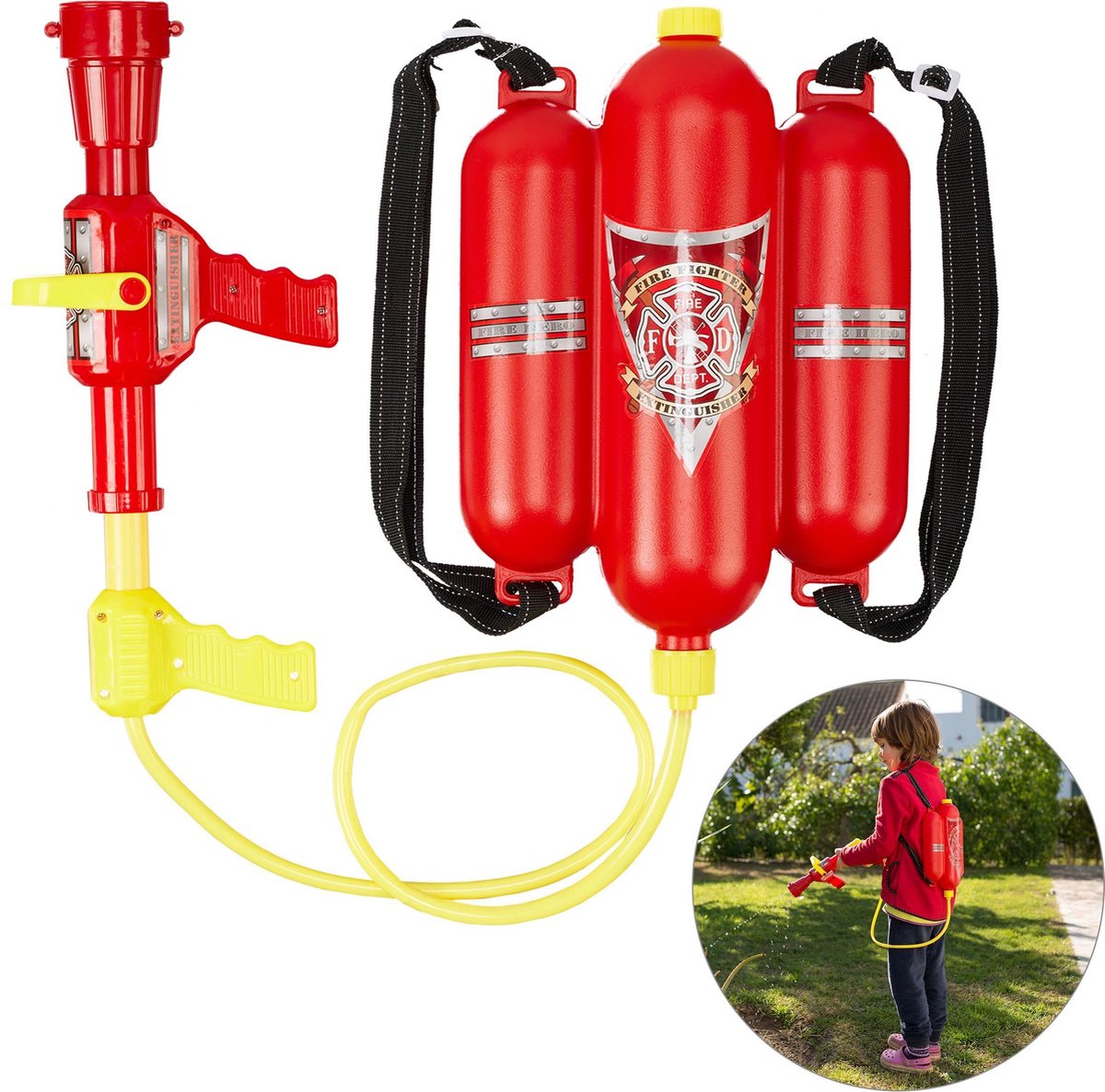 relaxdays waterpistool brandweer kinderen - met rugzak - brandweerspuit - rugtank - rood