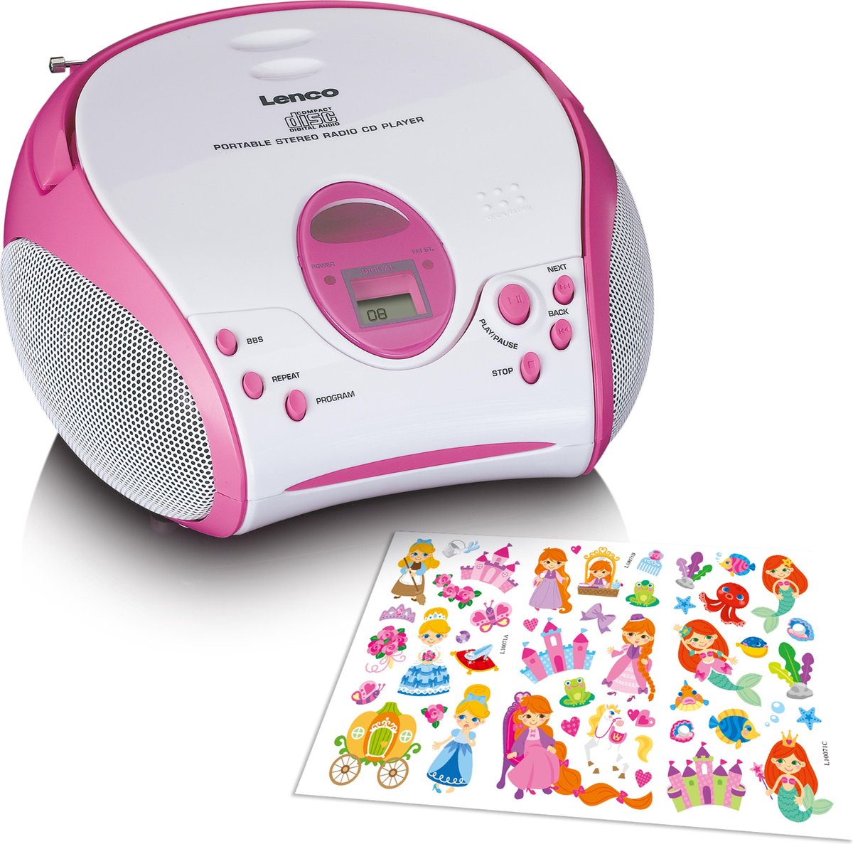 Lenco SCD-24 Kids - Radio CD speler met AUX-uitgang en sticker set - Roze