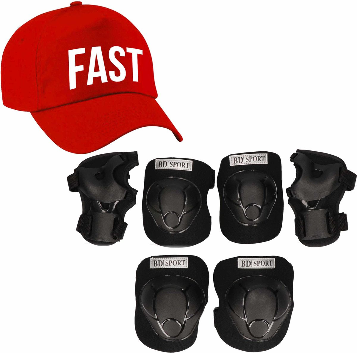 Set van valbescherming voor kinderen maat L / 9 tot 10 jaar met een stoere FAST pet rood