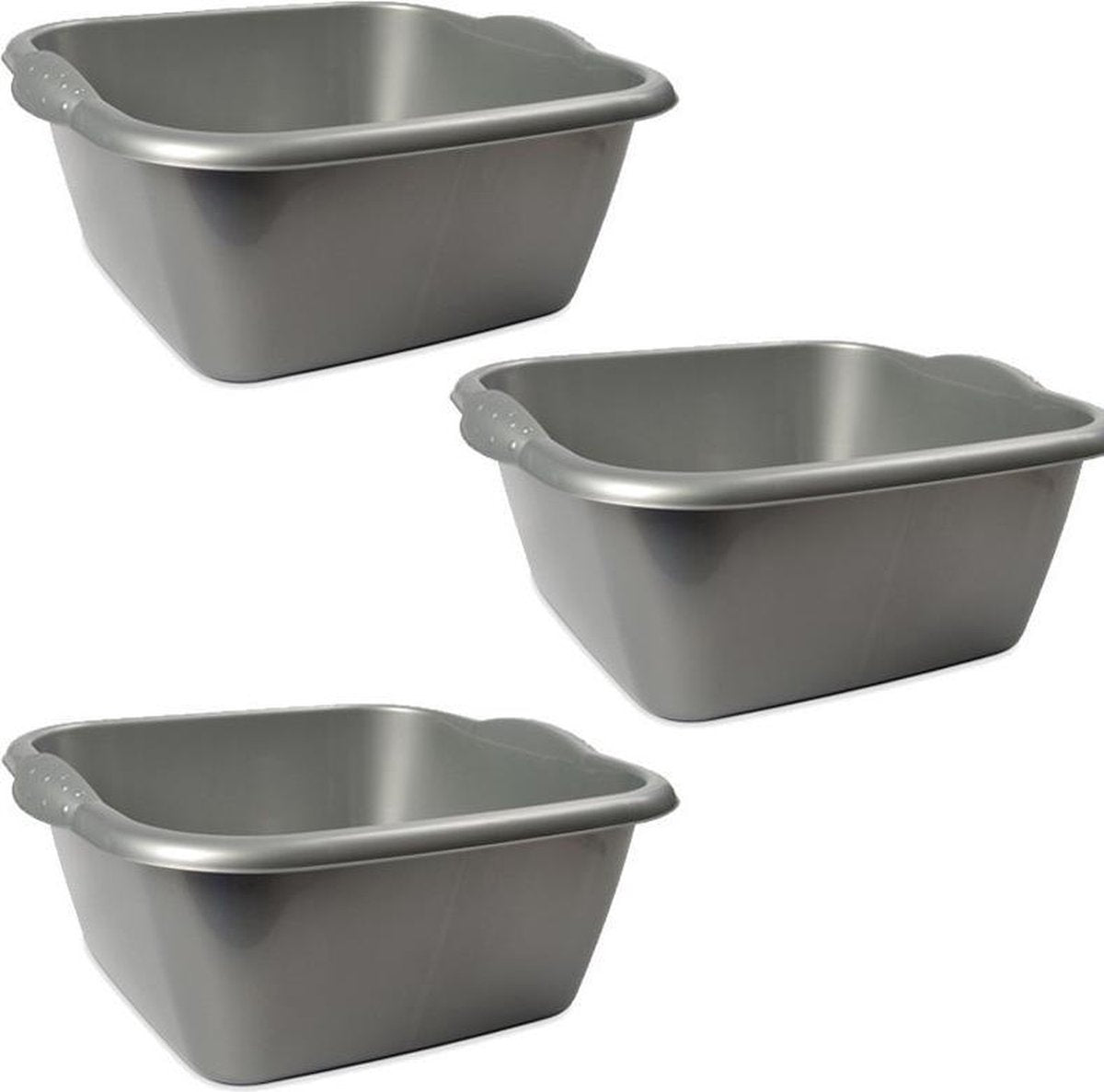 3x Rechthoekige afwasteilen/afwasbakken zilver 3 liter 25 x 23 x 10 cm - Genova teilen - Kunststof/plastic schoonmaakemmer/sopemmer teiltje