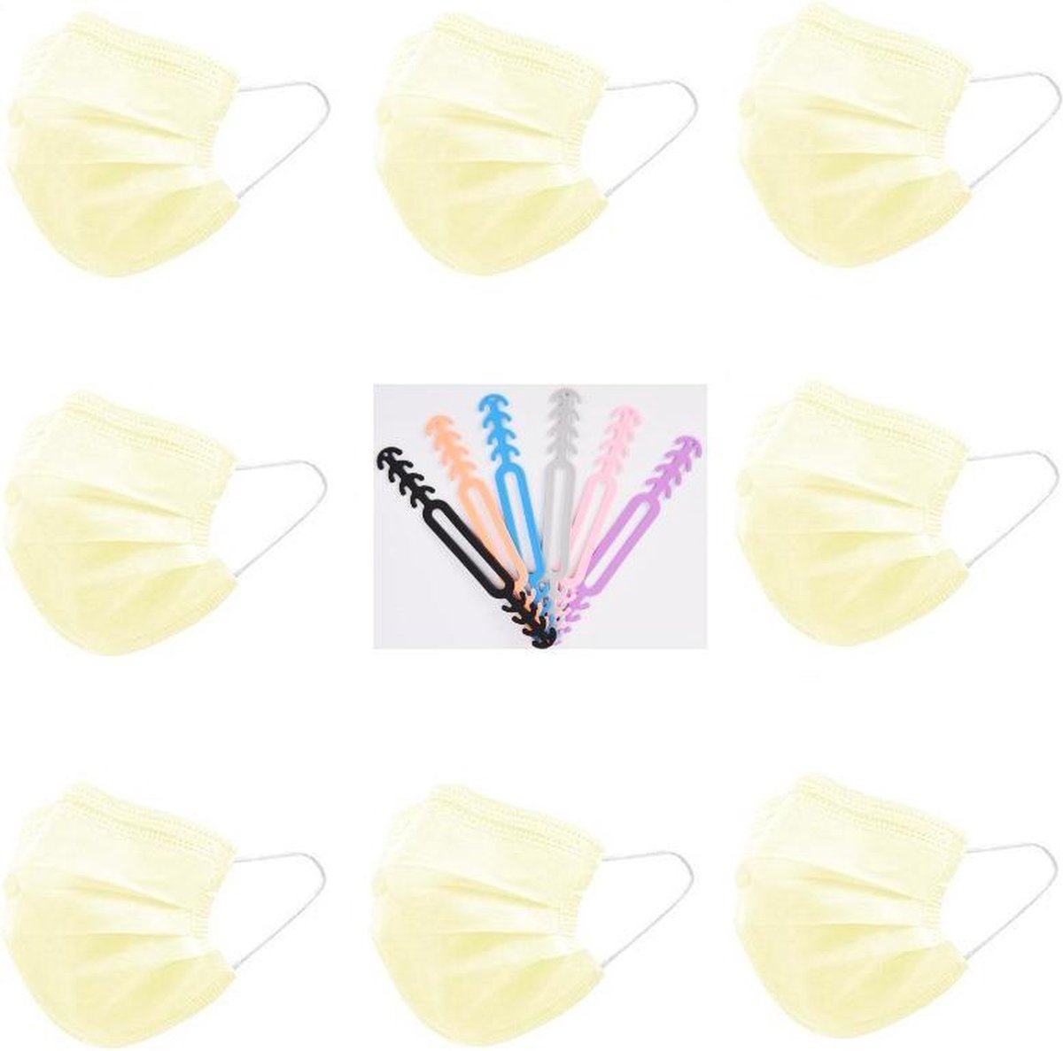 Gele Wegwerp Mondmaskers | 100 Geel Gekleurde Mondkapjes | Met 6 Earsavers Mixed Kleuren | 3 Laags | Hoogste Kwaliteitsgarantie
