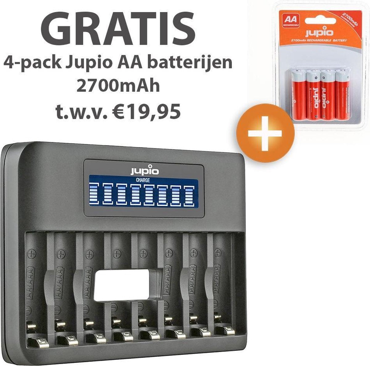 Jupio USB Octo Charger + gratis Jupio 4-pack 2700mAh AA batterijen