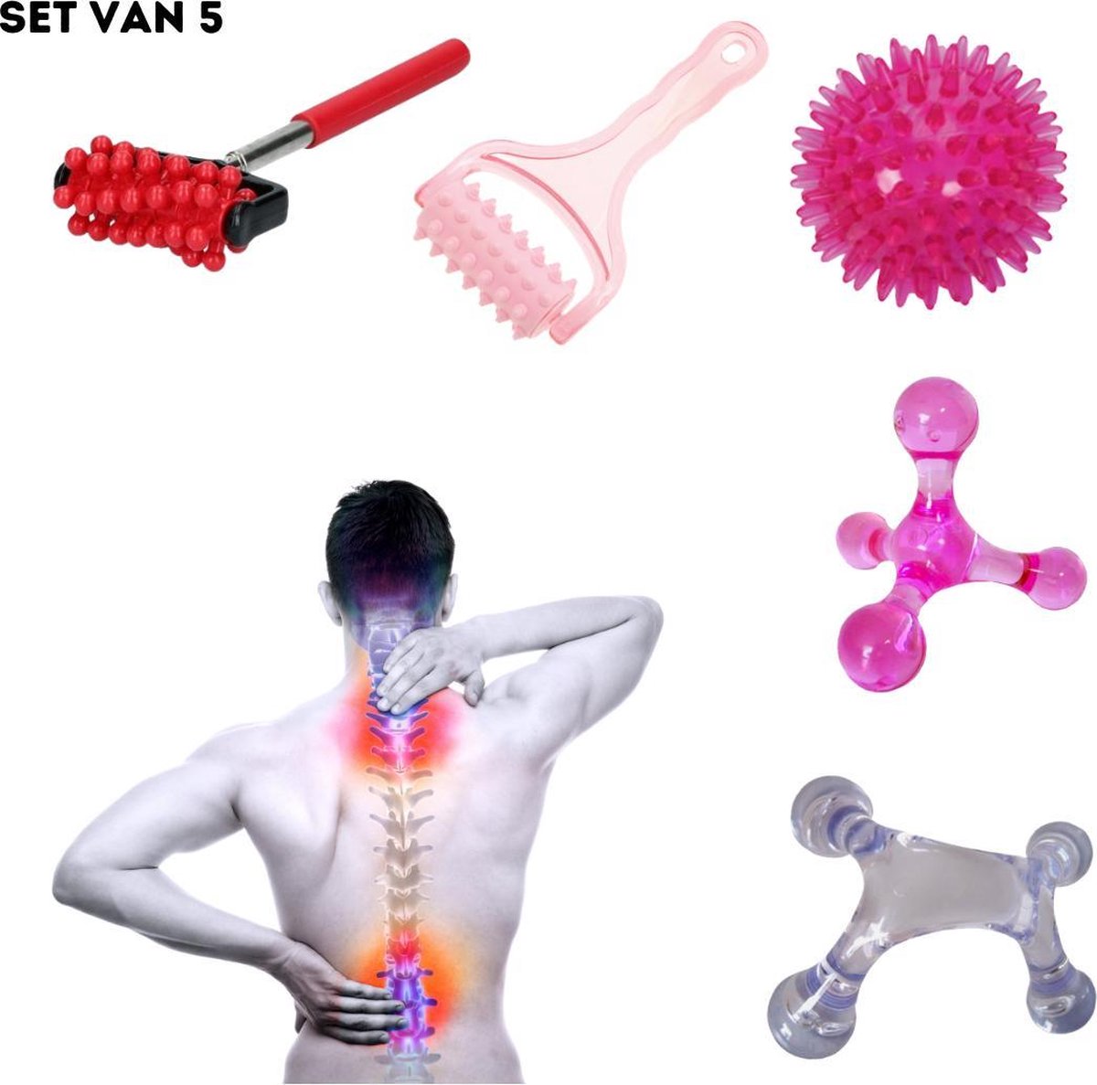 Massage - Set - Ontspanning - Ontspanningspakket - Triggerpoint - Therapeutisch - Ergonomisch Relax - Roller - Jacknobber - Palmassager - Bal - Tools - Tool - Stick - Uitschuifbaar - Lichaam - Gezicht -  Fysiotherapeut - Vrouw - Man - Roller
