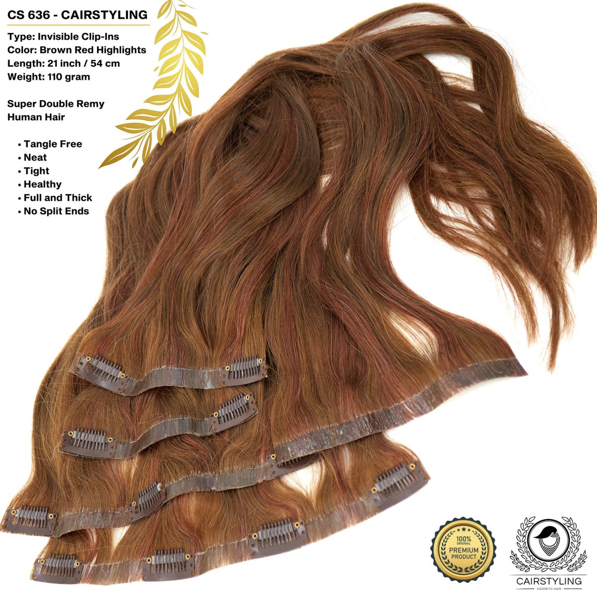 CAIRSTYLING CS636 Super Double INVISIBLE Clip-Ins Human Hair Brown Copper Red Remy Extensions - 110 Gram 21 Inch / 51 CM Lengte - Trending Onzichtbare Band Haaraanzet - New 2021