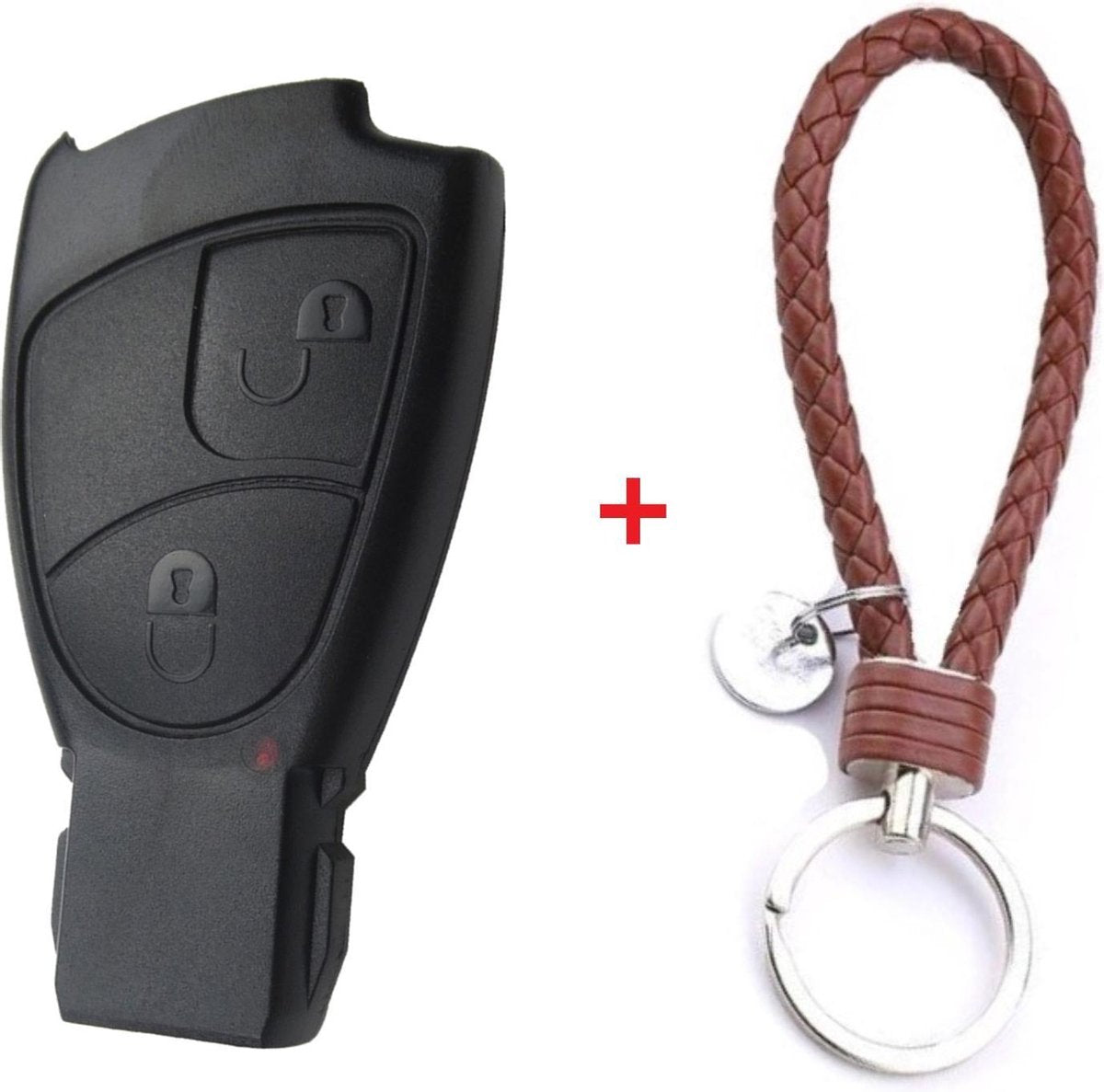 Autosleutel 2 knoppen smart key behuizing geschikt voor Mercedes sleutel C Klasse / E Klasse / CL / SL / CLK / SLK / Sprinter / Vito / mercedes sleutel + gevlochten bruin PU-lederen sleutelhanger.