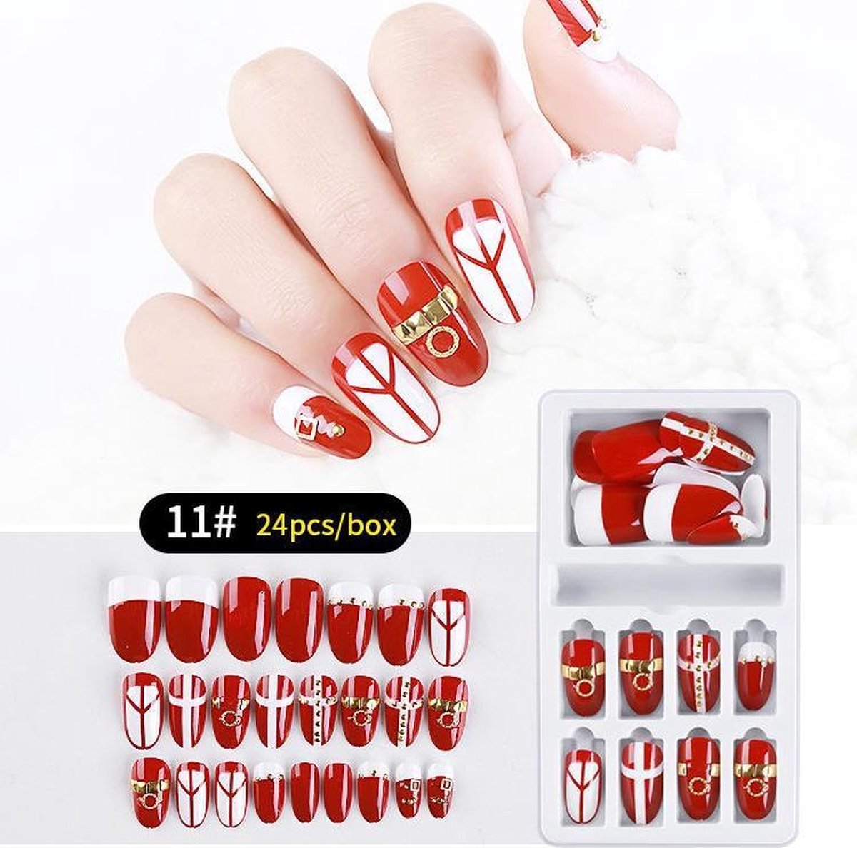 Herbruikbare Kunstnagels Strass #11 Rood/Wit 24st.