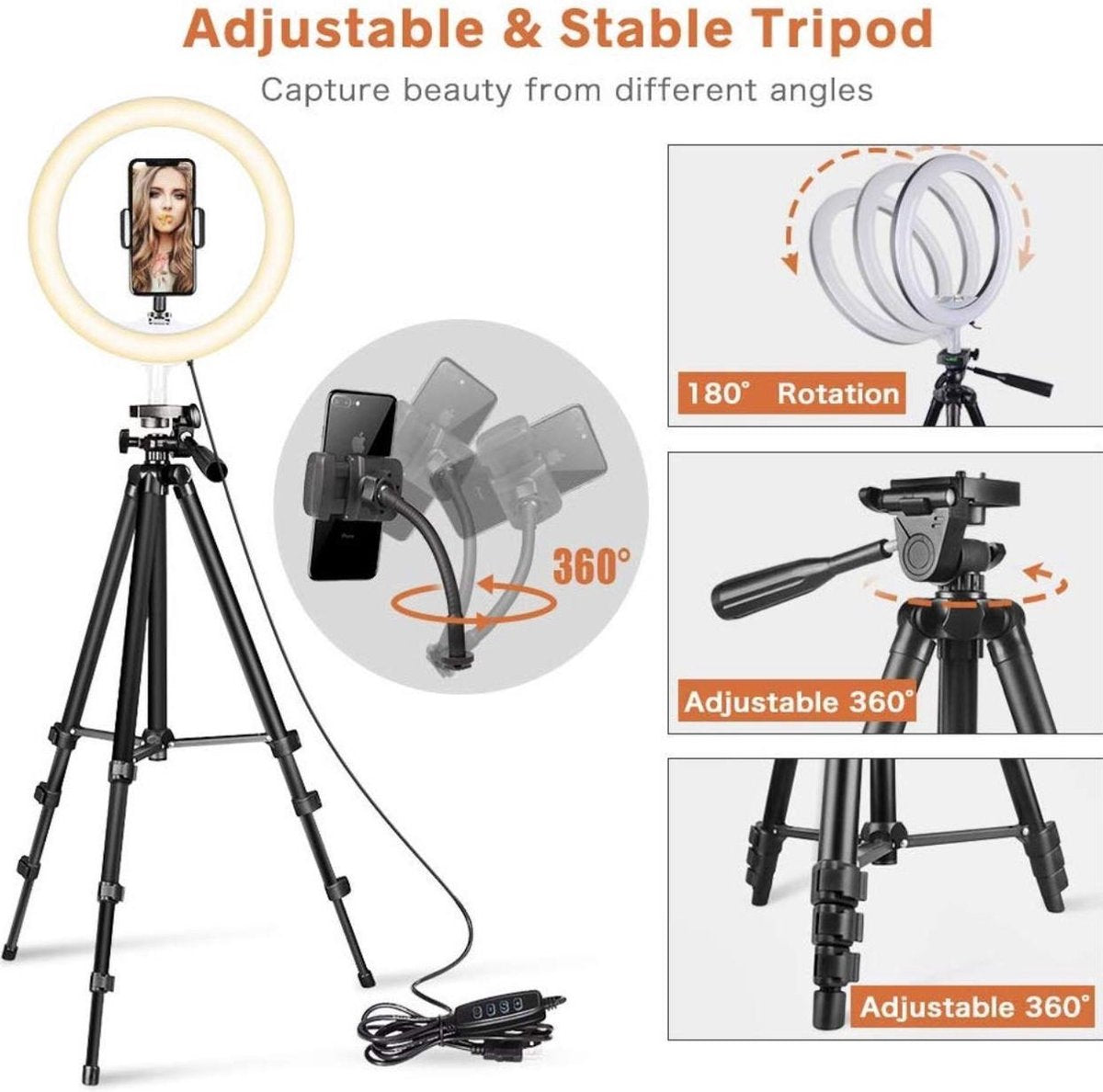 LED Ring Light 22 Cm met Smartphone Tripod Camera Statief 102 Cm Zwart Inclusief Bluetooth shutter – Eff Pro