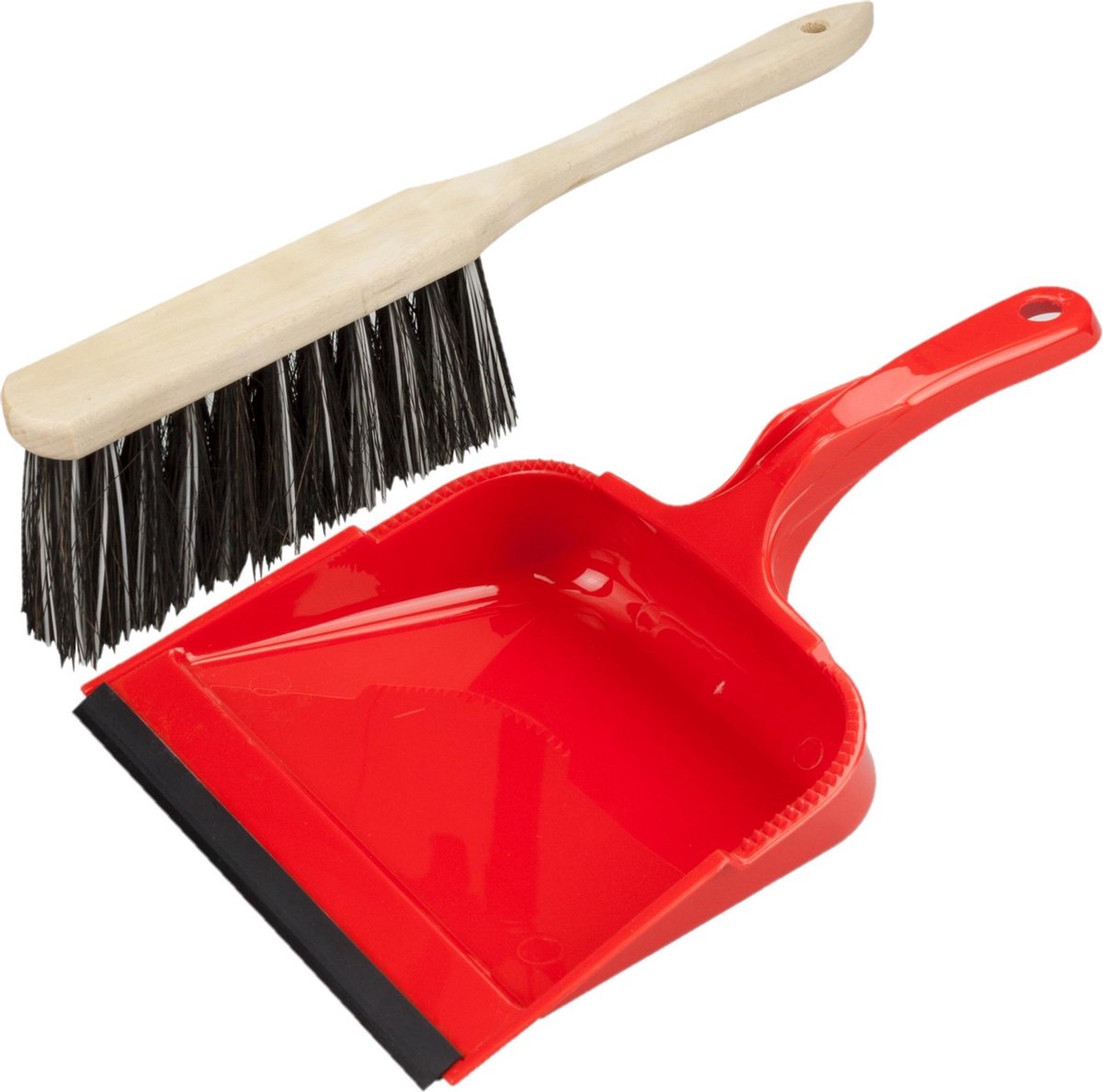 Stoffer en blik rood van kunststof/hout/Arenga vezel met lip voor binnen - Zachte borstel/handveger