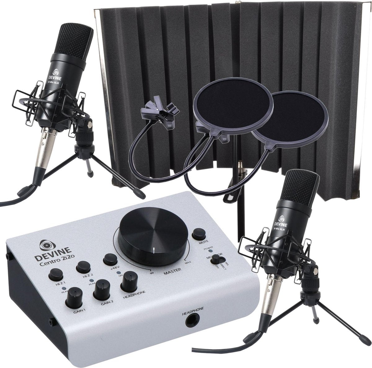 Deze opnamebundel is samengesteld om de prima Centro 2i2o audio interface van Devine. Omdat je meestal niet opneemt met twee microfoons tegelijkertijd