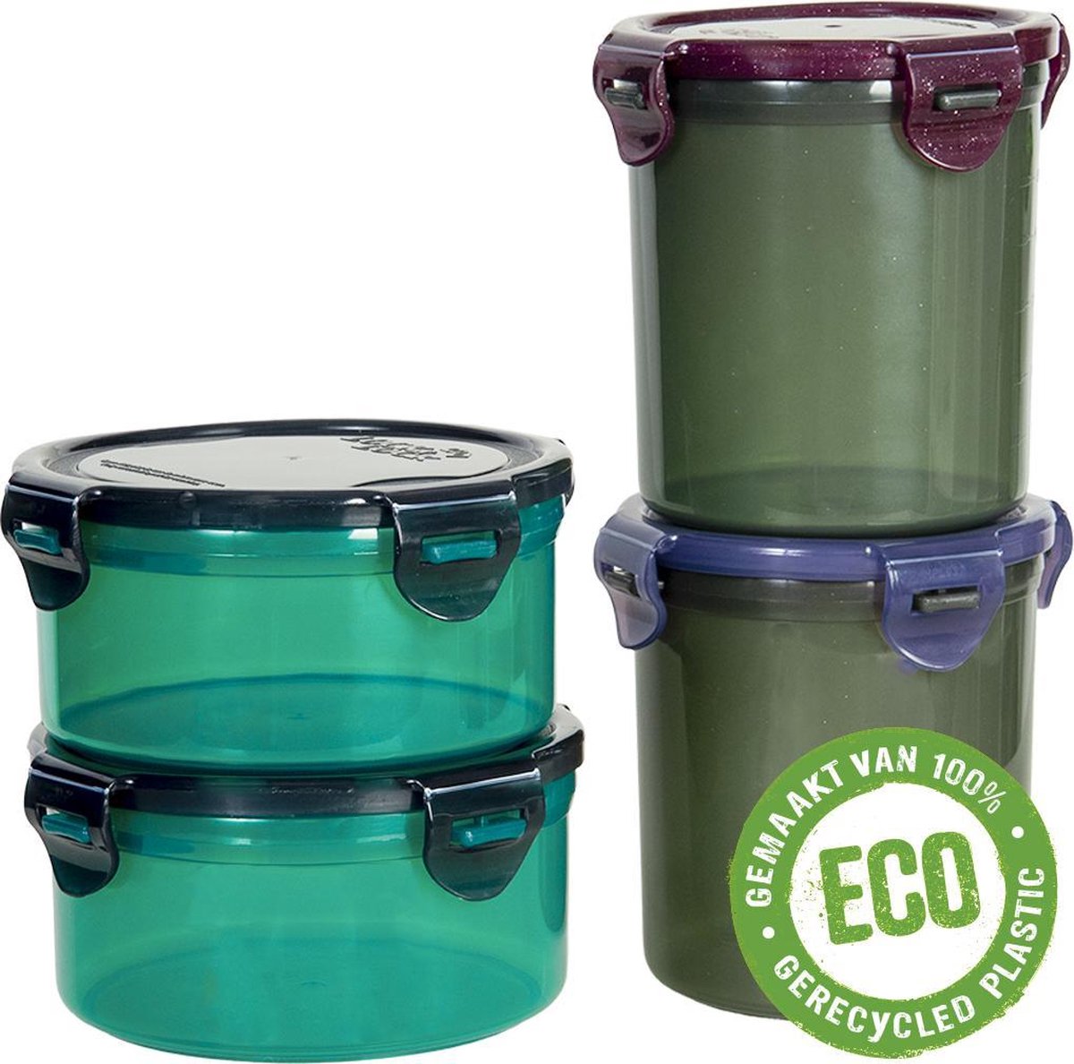 Lock&Lock ECO Vershoudbakjes | Bewaardozen voedsel | Snackdoosjes – Set van 4 stuks – Rond – Duurzaam – Zero waste – 100% gerecycled plastic – 600 + 700 ml