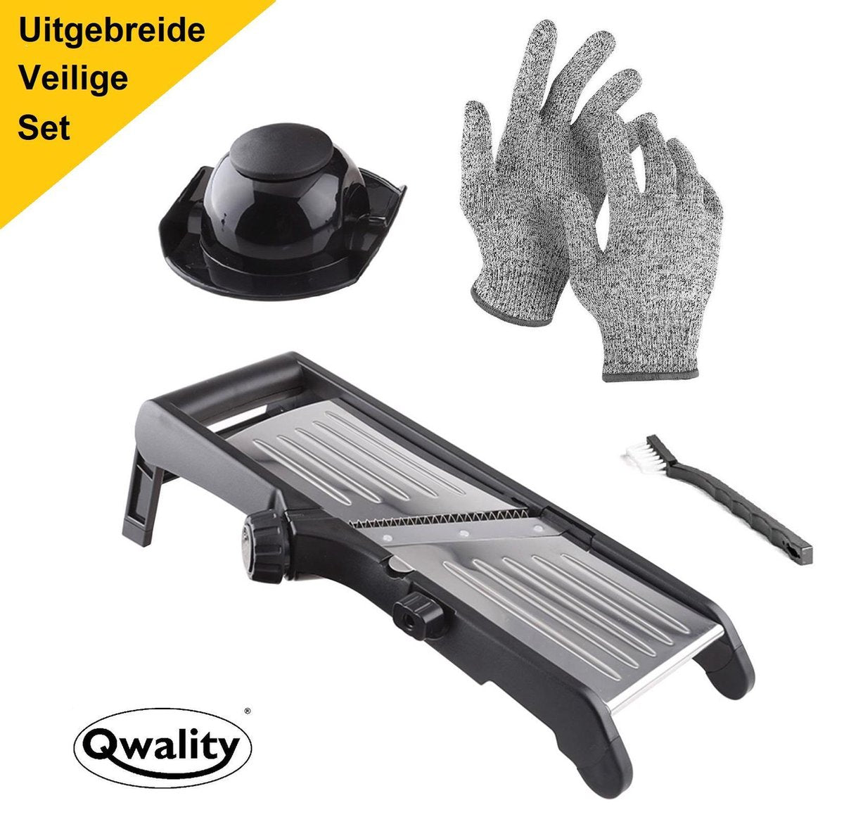 Mandoline - Keukensnijder – Groentesnijder – Incl. Anti Snij Handschoenen en Snij Hulp - Qwality
