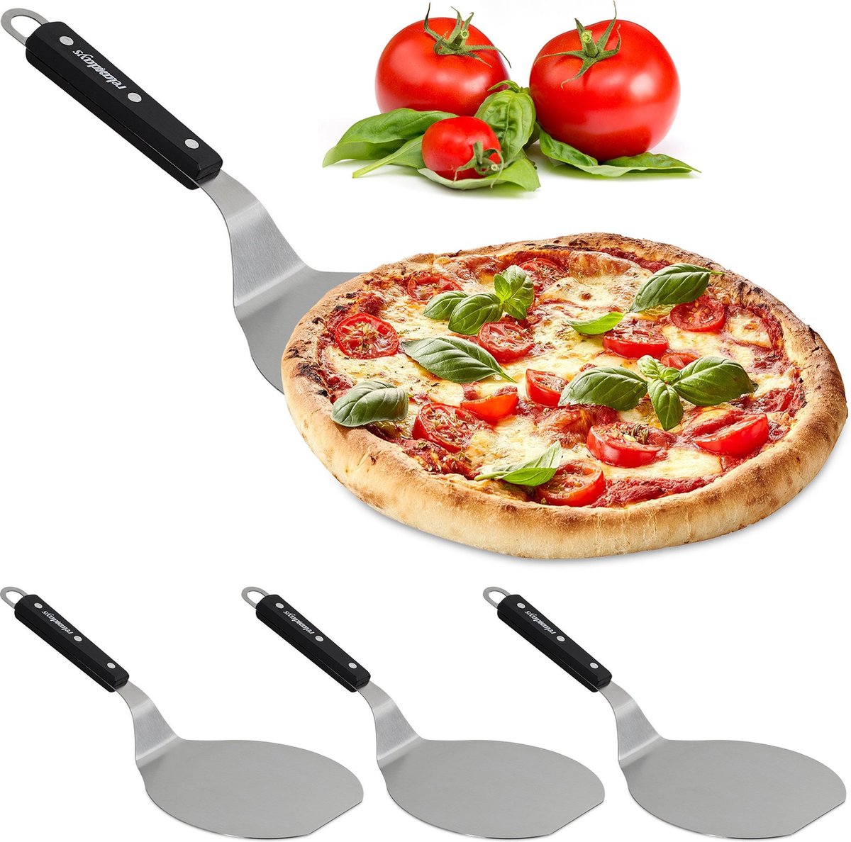 relaxdays 4 x pizzaschep met houten handvat - pizzaspatel - roestvrij staal - pizza schep