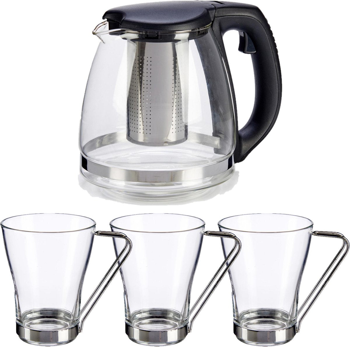 Glazen theepot met filter/infuser van 1200 ml met 3x stuks theeglazen van 240 ml
