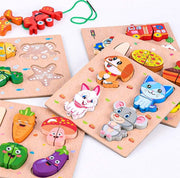 Snijset Houten Speelgoed met mesje - Groenten: Wortelen + Champignons + Paprika + Aubergine & Lacing Beads -  Dieren: Honden + Katten + Konijnen + Muizen - Kinder houten vormenpuzzel