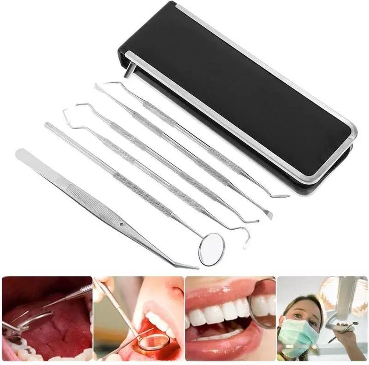 RVS Professionele Tandarts Set 6-delig-Gebit Verzorging-Mond Spiegel- tanden reiniging  set-tandsteen