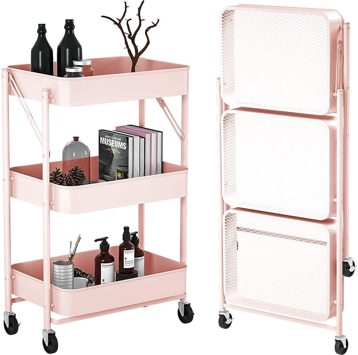 Sefaras Inklapbare Keukentrolley - Keukentrolley op wieltjes - Serveerwagen - Metaal - Roze - 77*45*30cm
