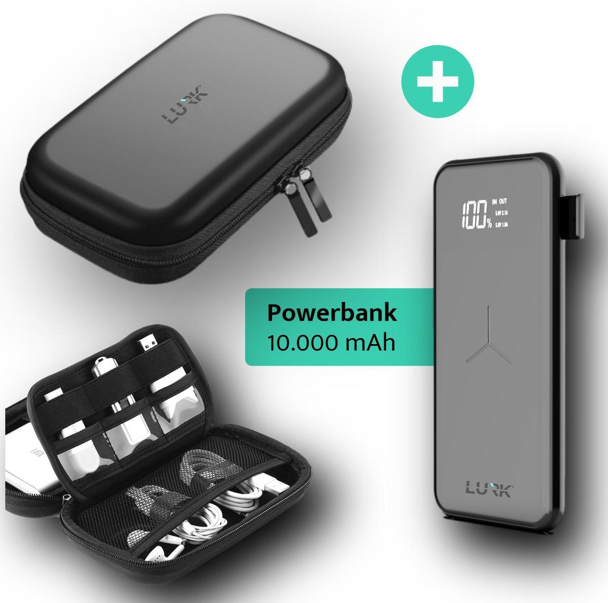 LURK® Hardcase travel organizer met draadloze powerbank 10.000mAh - kabels en hardeschijf etui - bureau organizer