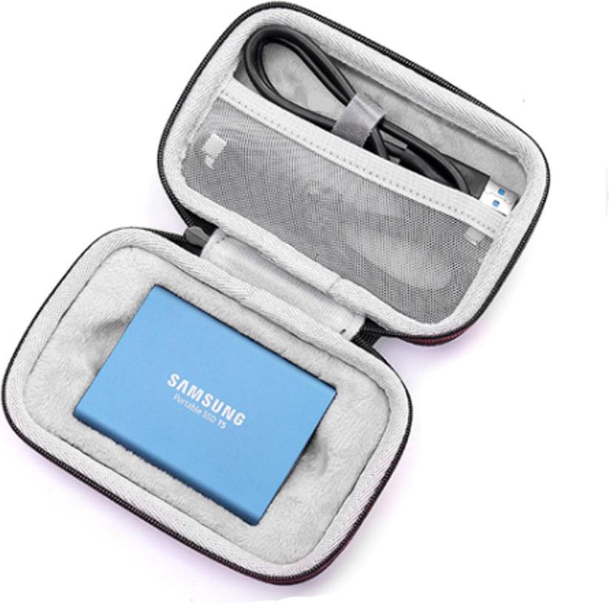 Hard Cover hoes voor Samsung T3/T5 Portable SSD Externe harde schijf – Carry Case hoes – Case beschermhoes voor de Samsung T3/T5 – Inclusief accesoire vak – Zwart