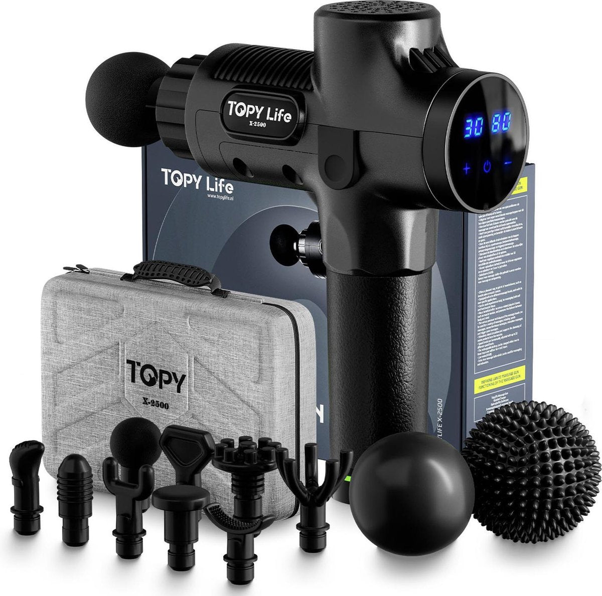 Topylife® Massage gun - Massage apparaat -  Professioneel en krachtig Massage gun - Inclusief massage ballen en opzetstukken - Snel en effectief spierherstel - Ontspan en relax met deze massage pistool - Ideale spierstimulator