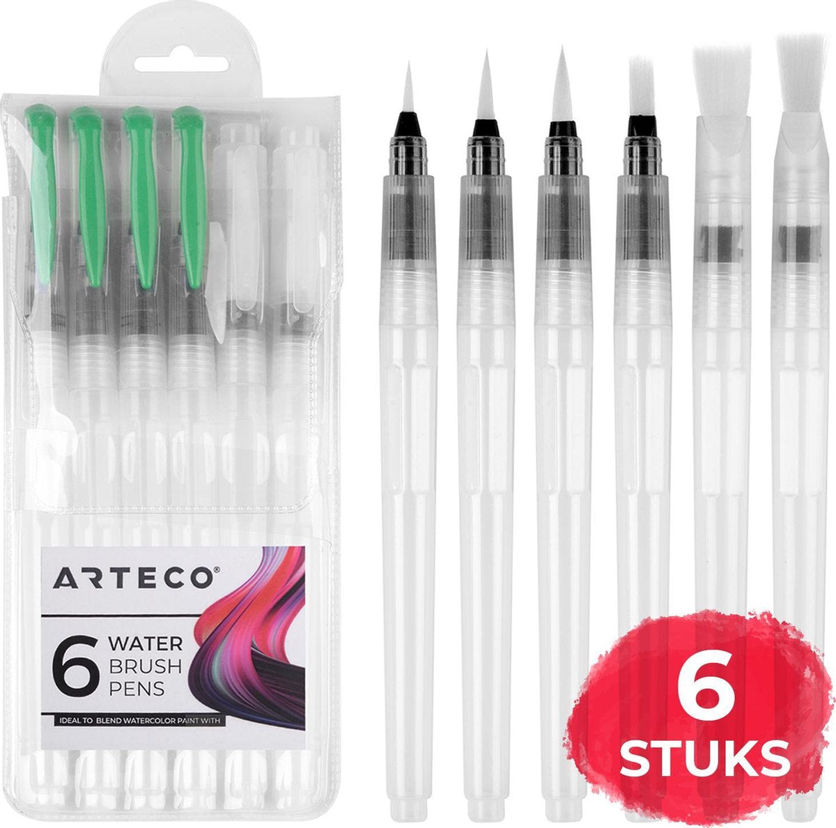 ARTECO® Set 6 Stuks Waterbrush Pennen (3 Punt + 3 Plat) - Navulbaar Penseel – Brushlettering & Kalligrafie