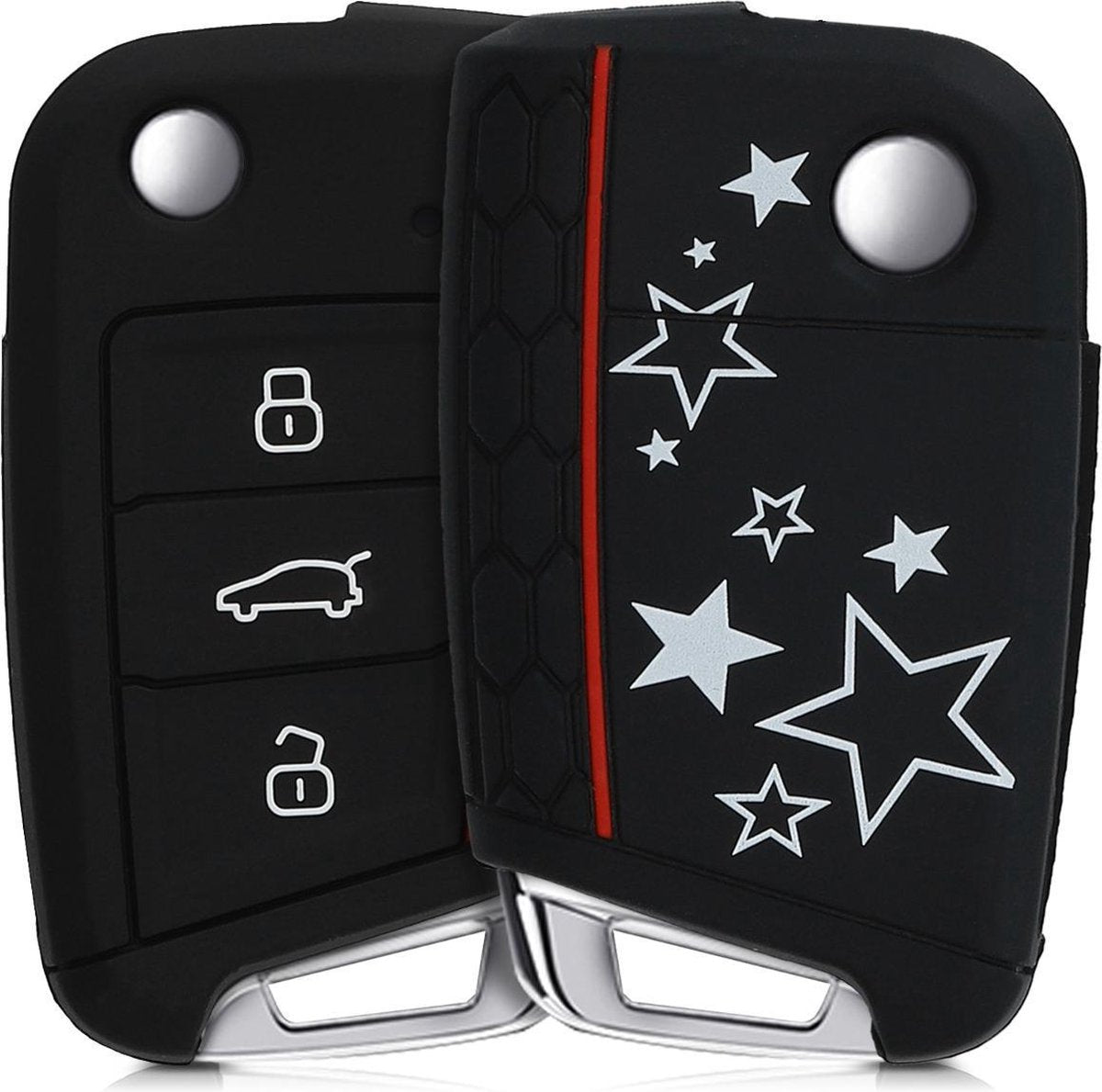 kwmobile autosleutelhoes voor VW Golf 7 MK7 3-knops autosleutel - Siliconen beschermhoes in wit / zwart - Sterren Mix design