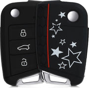 kwmobile autosleutelhoes voor VW Golf 7 MK7 3-knops autosleutel - Siliconen beschermhoes in wit / zwart - Sterren Mix design