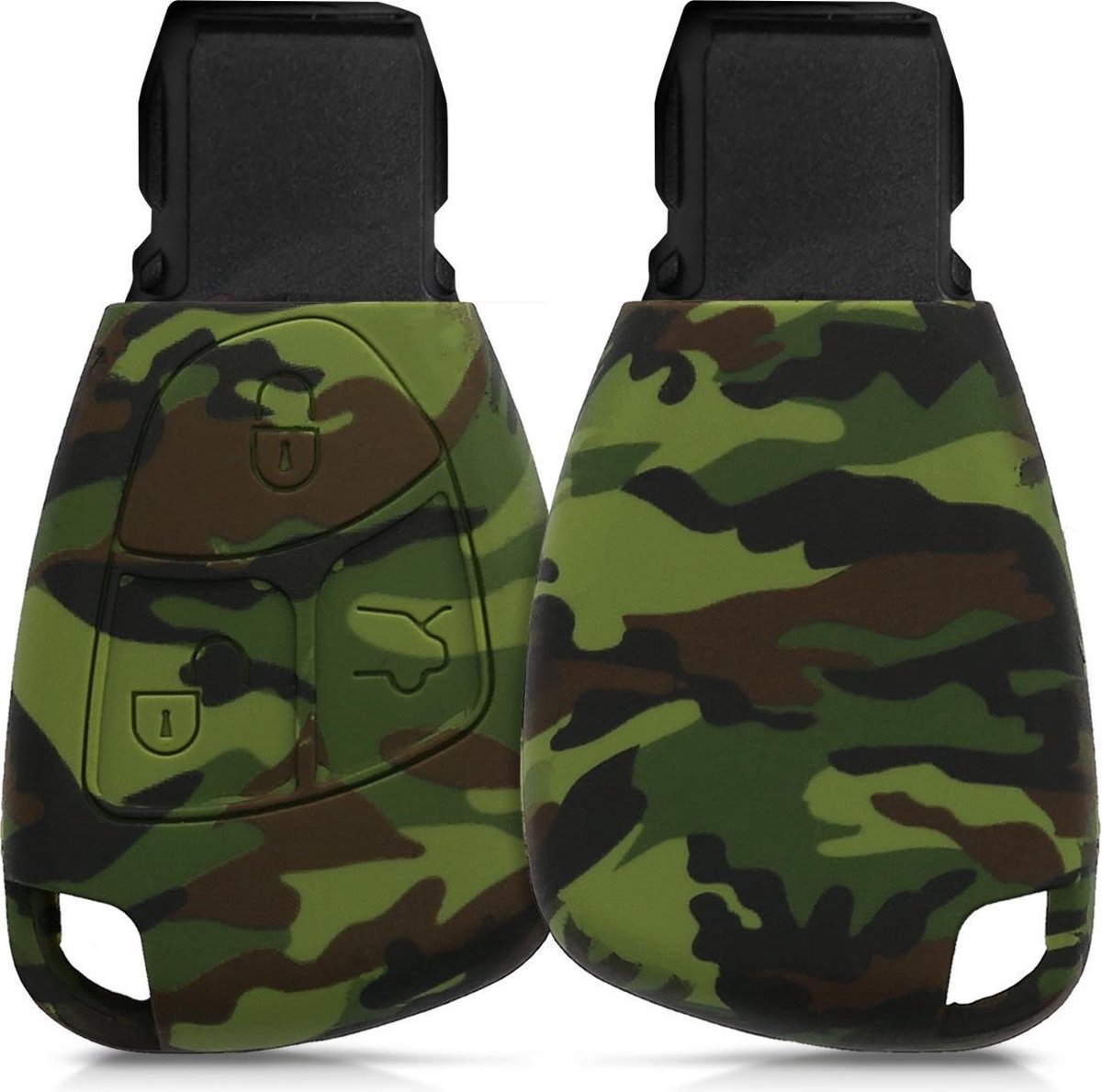 kwmobile autosleutelhoes voor Mercedes Benz 2-3-knops autosleutel - Siliconen beschermhoes in zwart / lichtgroen / donkergroen - Camouflage design