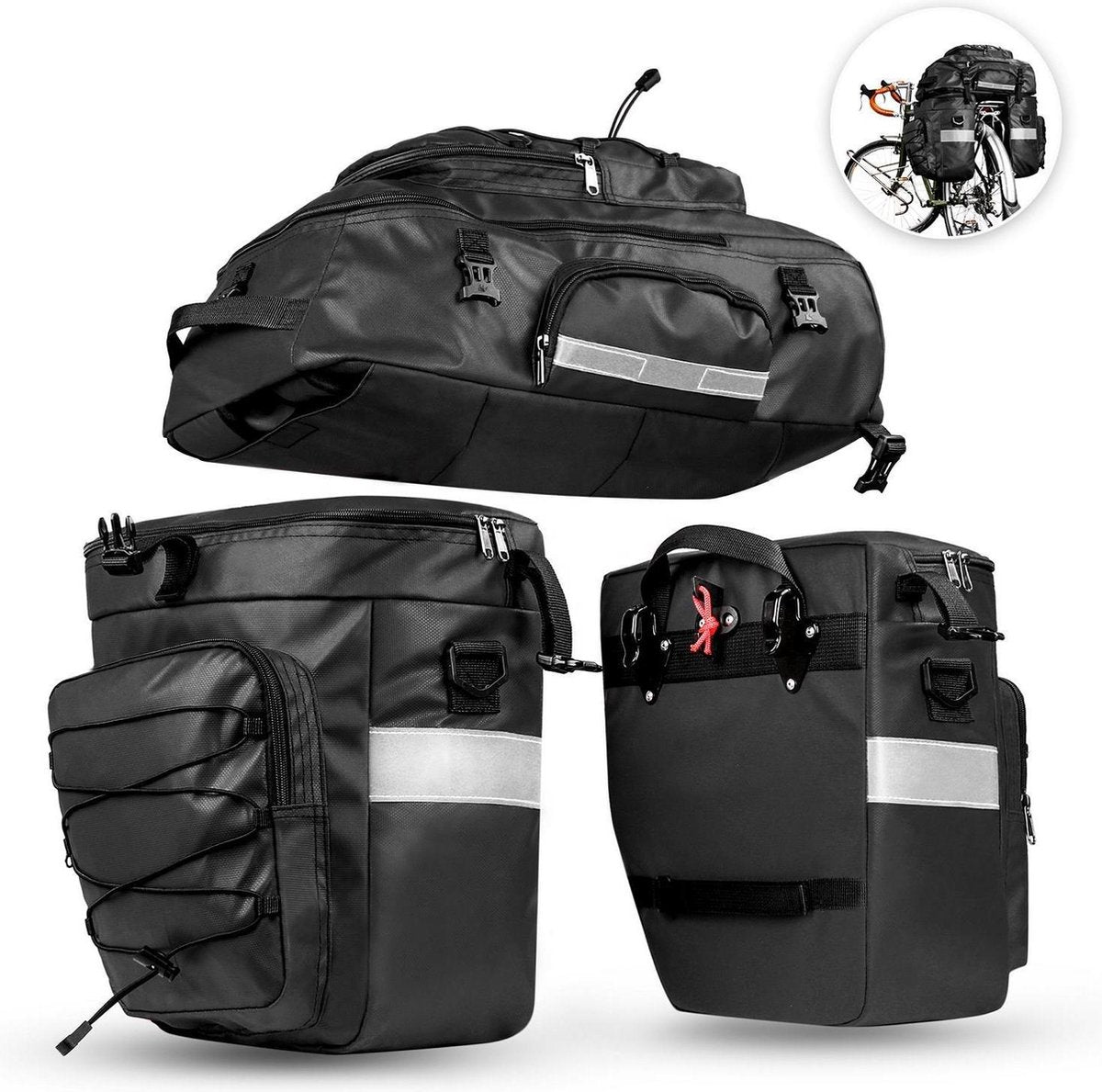 Fietstassen dubbel 65L Waterdichte tas Bagagedrager Fiets rugzak Regenhoes UPGRADE Zwart Grijs - RHINOWALK®
