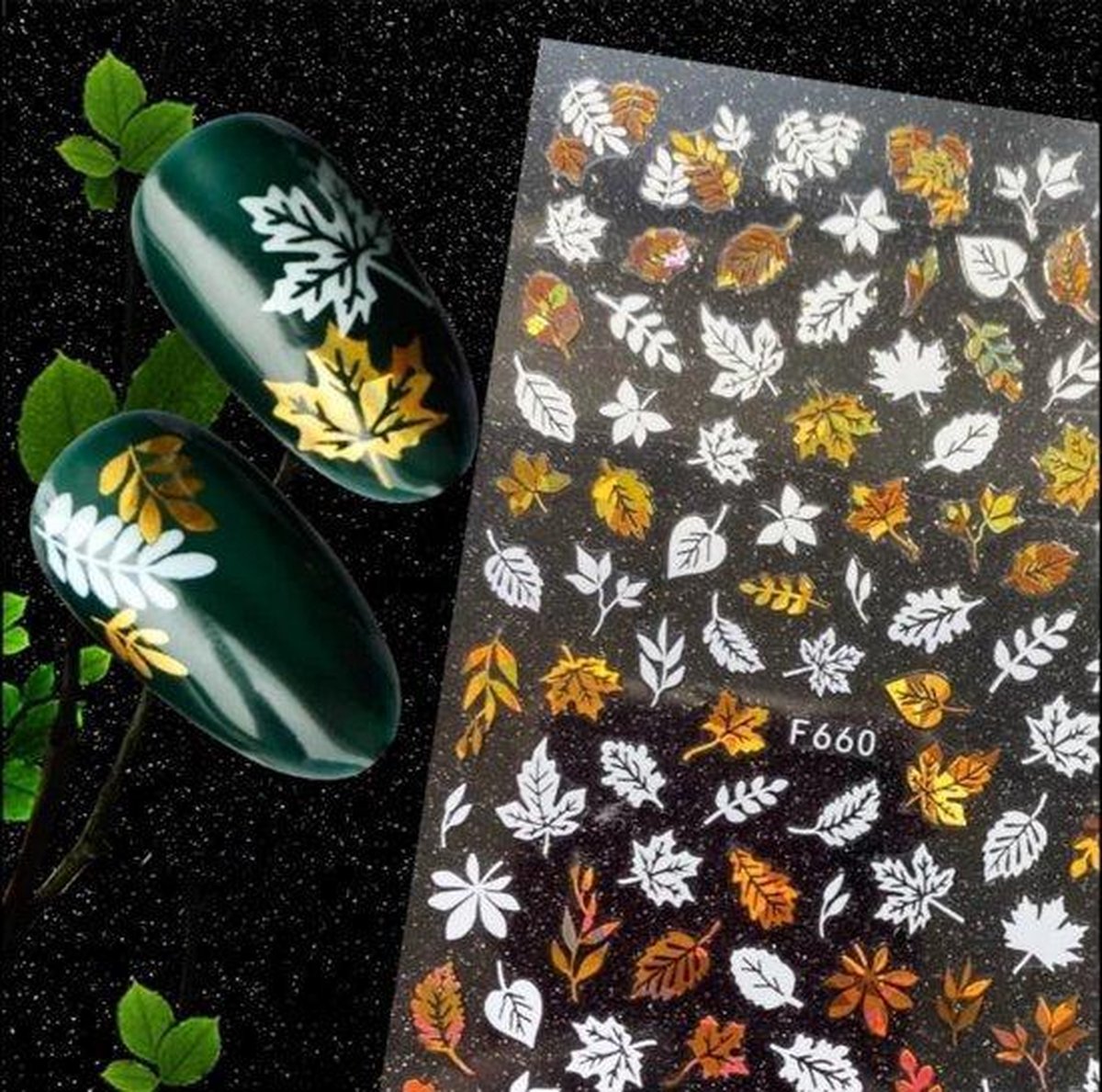 Nail art stickers Goud witte blaadjes + - 70 pcs nailart